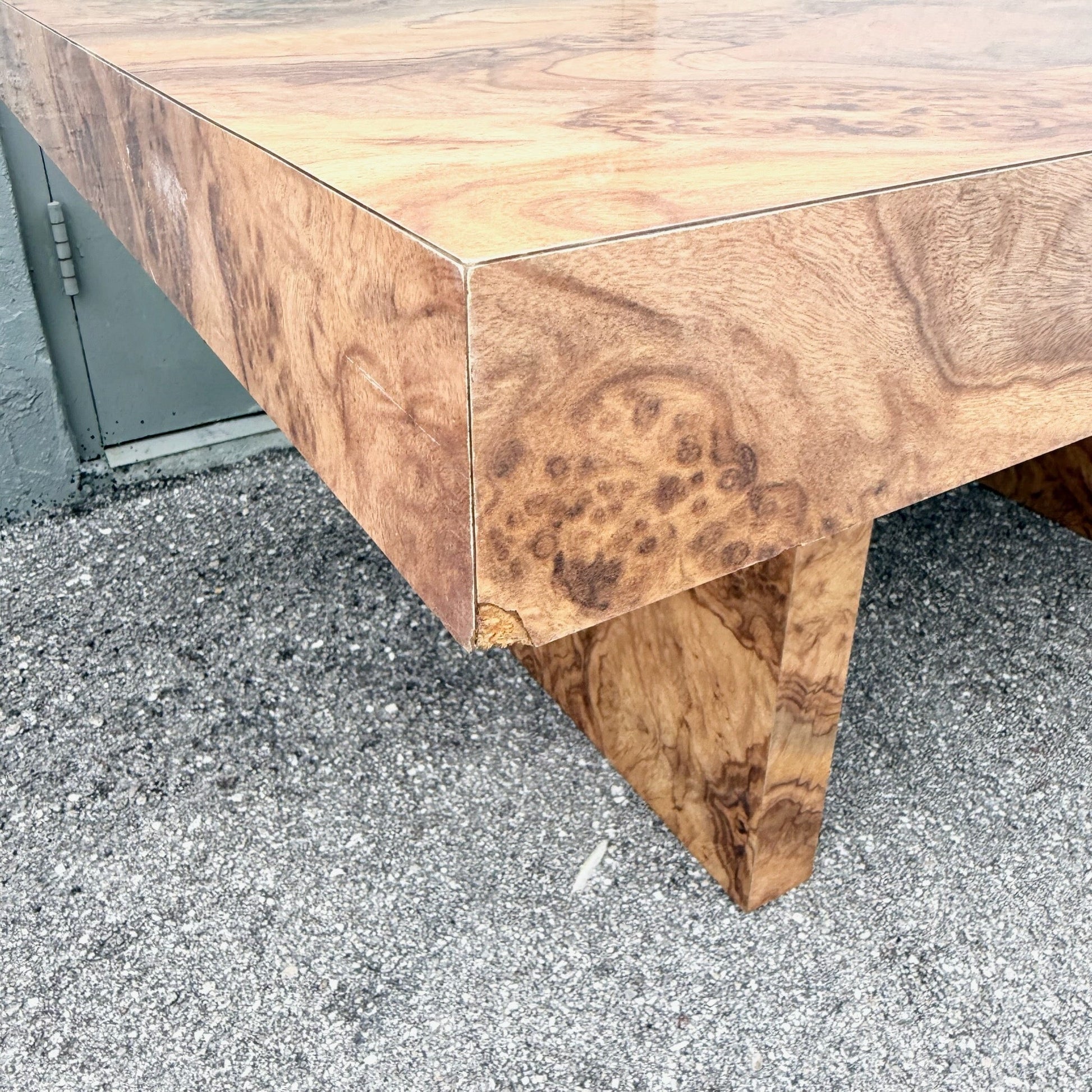 Vintage Postmodern Burlwood Laminate Rectangular Dining Table Dolphin & Flamingo