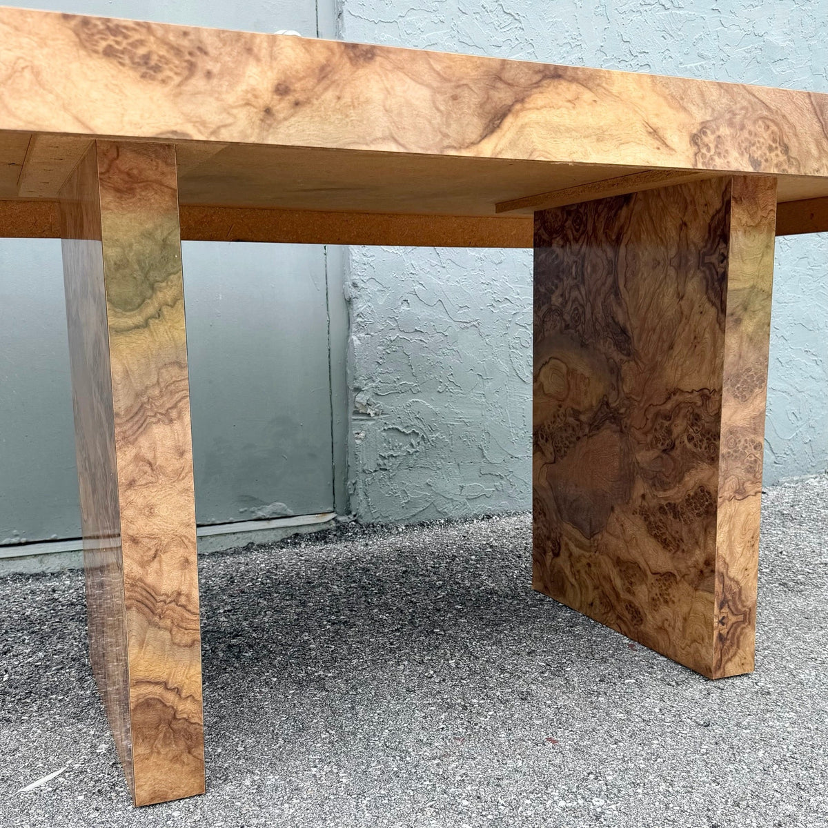 Vintage Postmodern Burlwood Laminate Rectangular Dining Table Dolphin & Flamingo