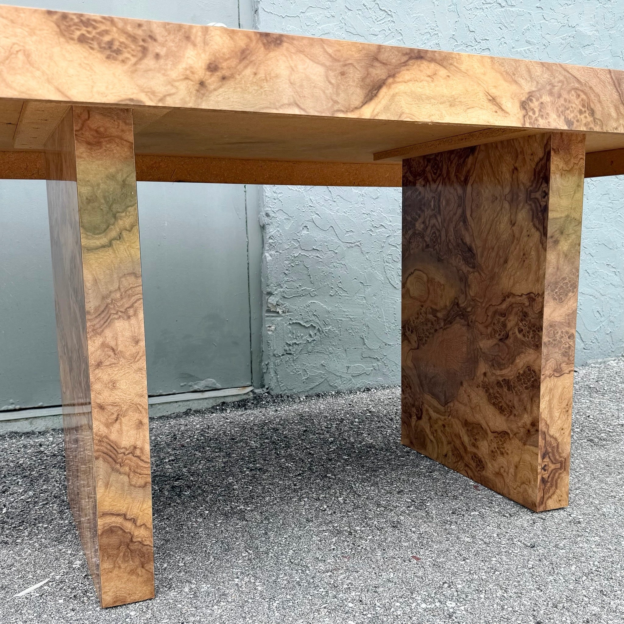 Vintage Postmodern Burlwood Laminate Rectangular Dining Table Dolphin & Flamingo