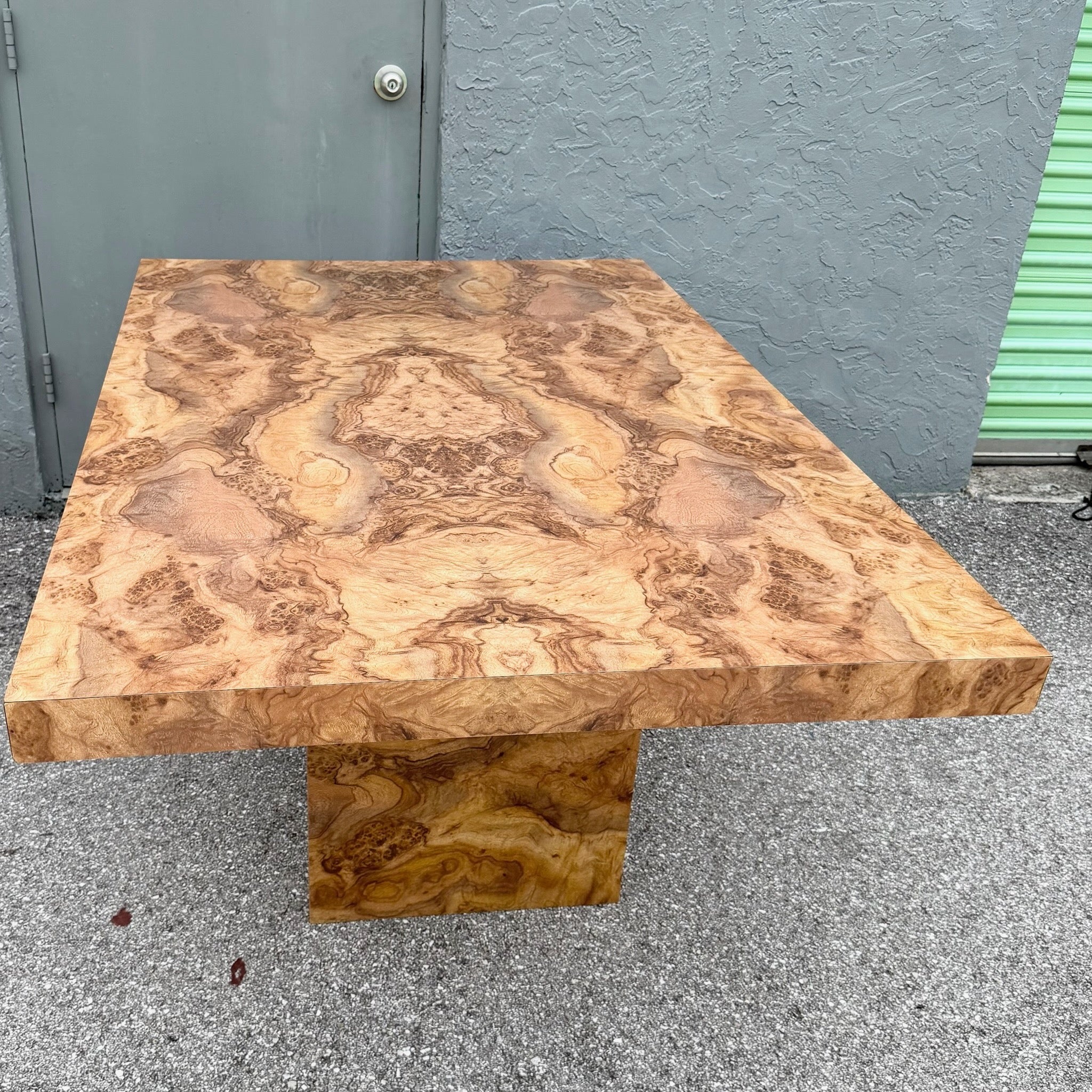 Vintage Postmodern Burlwood Laminate Rectangular Dining Table Dolphin & Flamingo