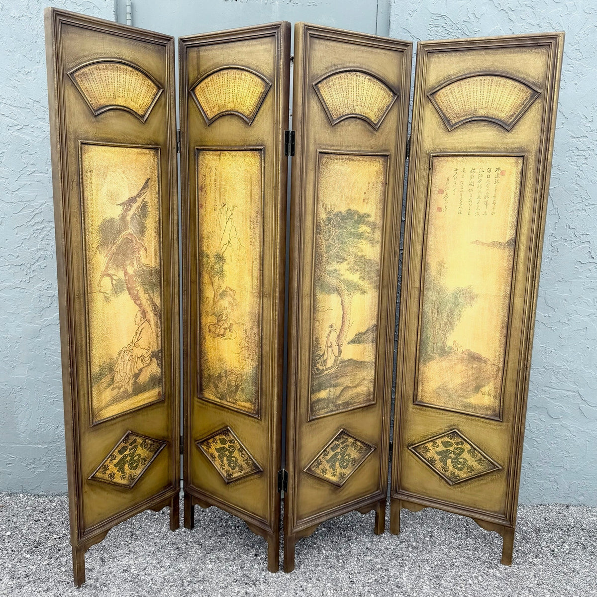 Vintage Chinoiserie Room Divider Screen Dolphin & Flamingo