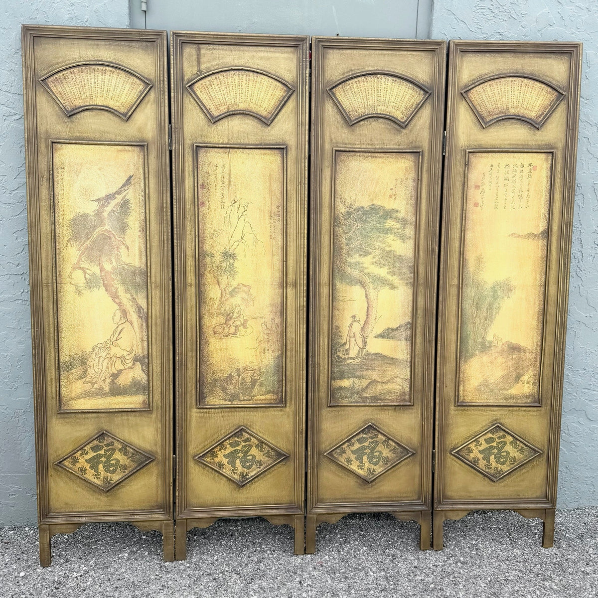 Vintage Chinoiserie Room Divider Screen Dolphin & Flamingo