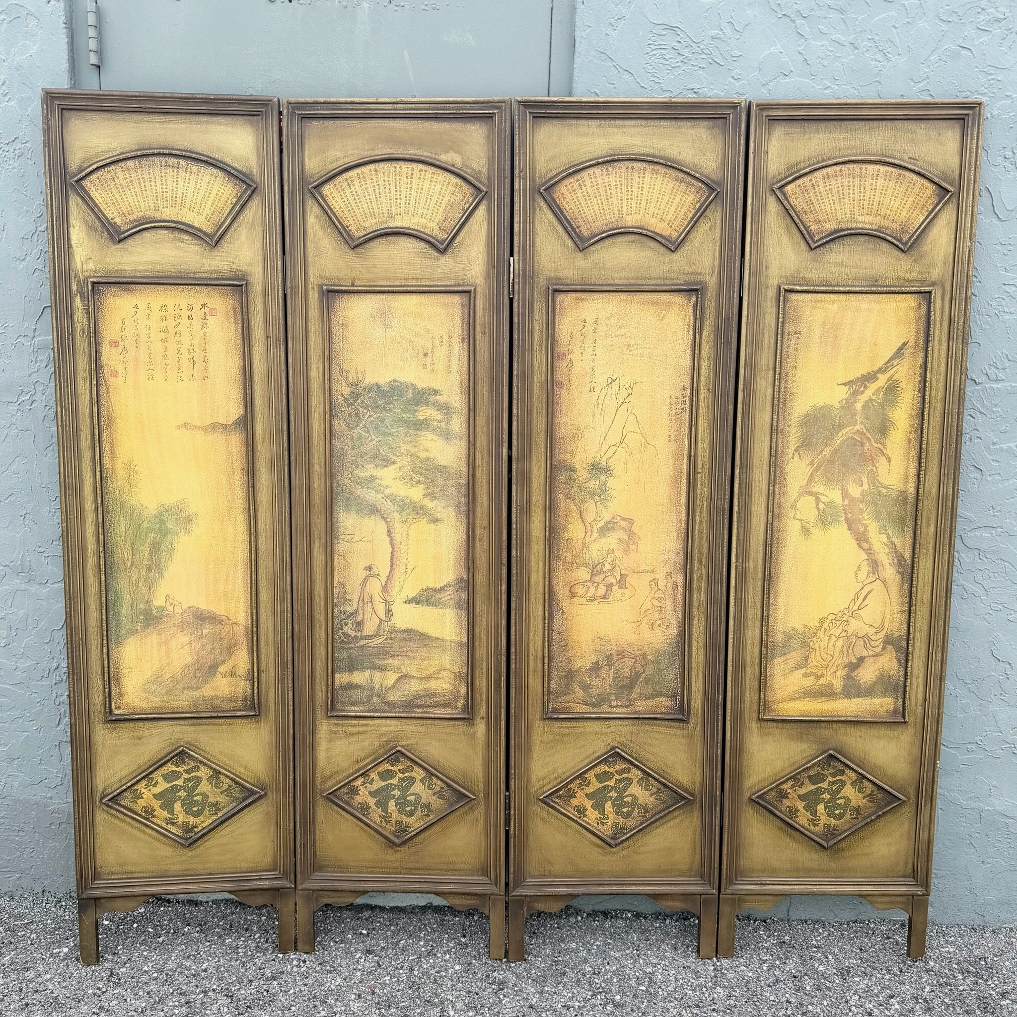 Vintage Chinoiserie Room Divider Screen Dolphin & Flamingo