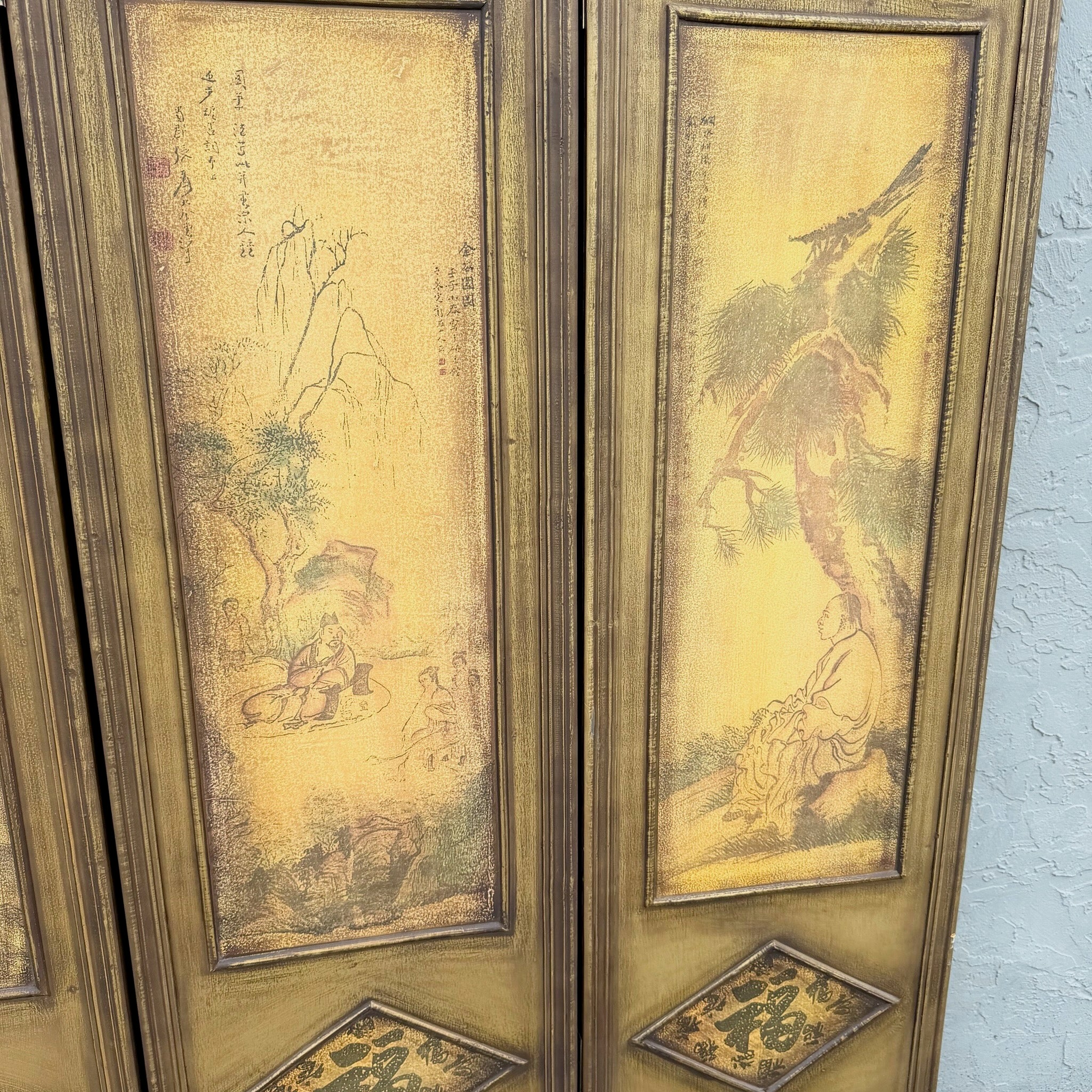 Vintage Chinoiserie Room Divider Screen Dolphin & Flamingo