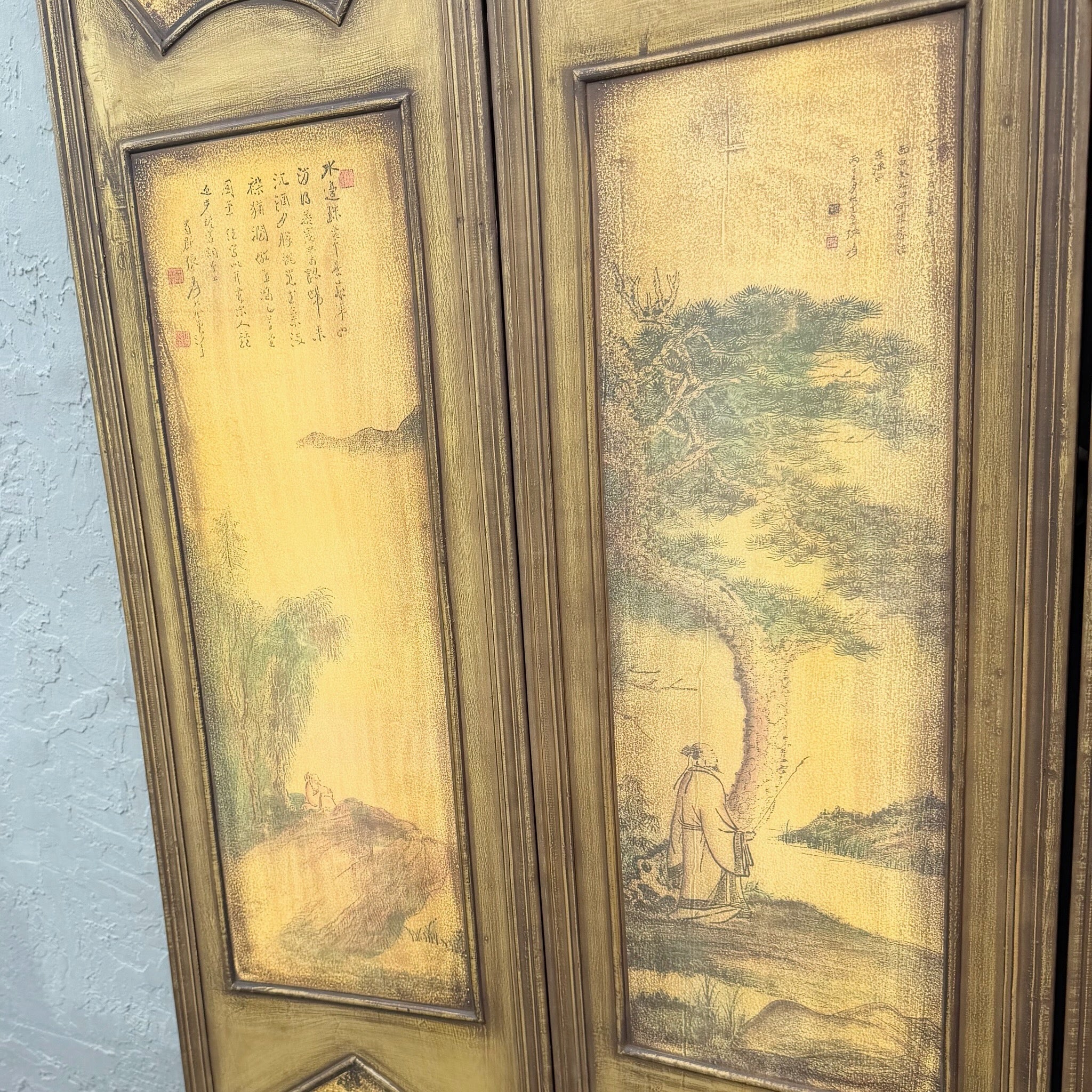 Vintage Chinoiserie Room Divider Screen Dolphin & Flamingo