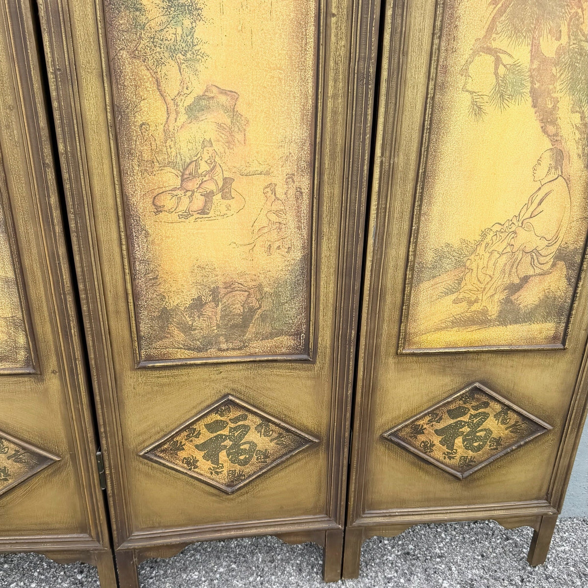 Vintage Chinoiserie Room Divider Screen Dolphin & Flamingo