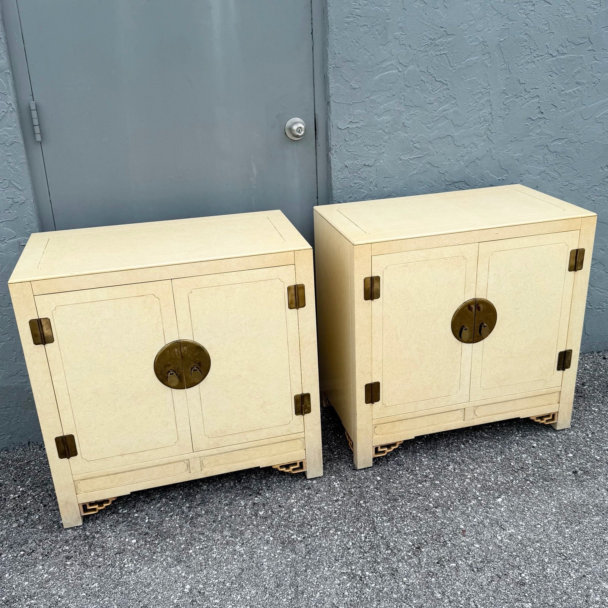 Vintage Chinoiserie Cream and Gold Server Cabinets - A Pair Dolphin & Flamingo