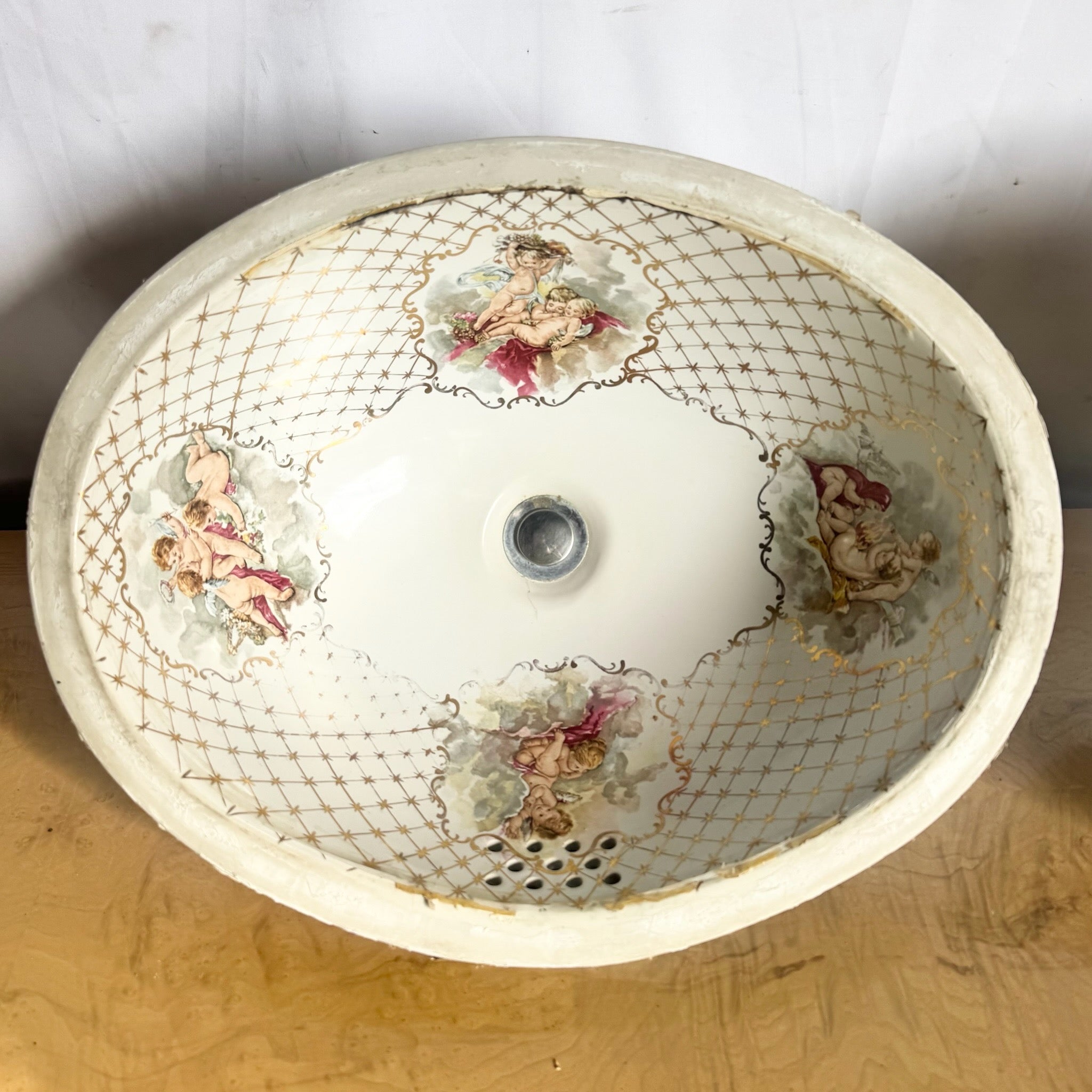 Vintage Italian Oval Hand Painted Cherub Sink by Cesame