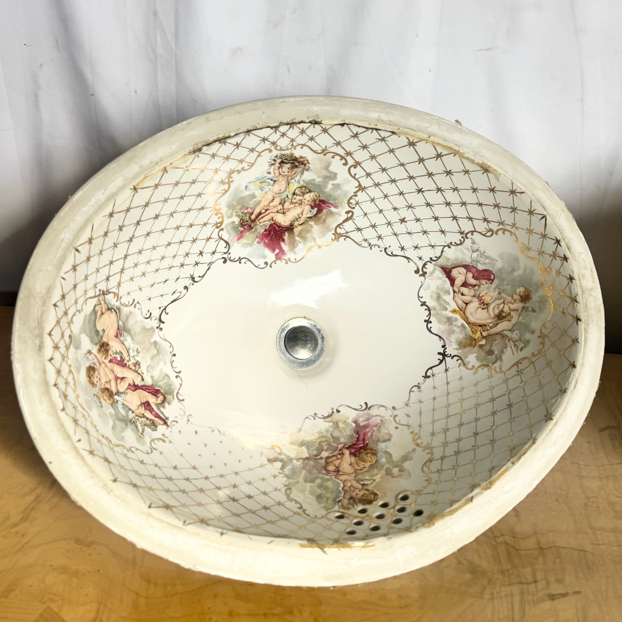 Vintage Italian Oval Hand Painted Cherub Sink by Cesame