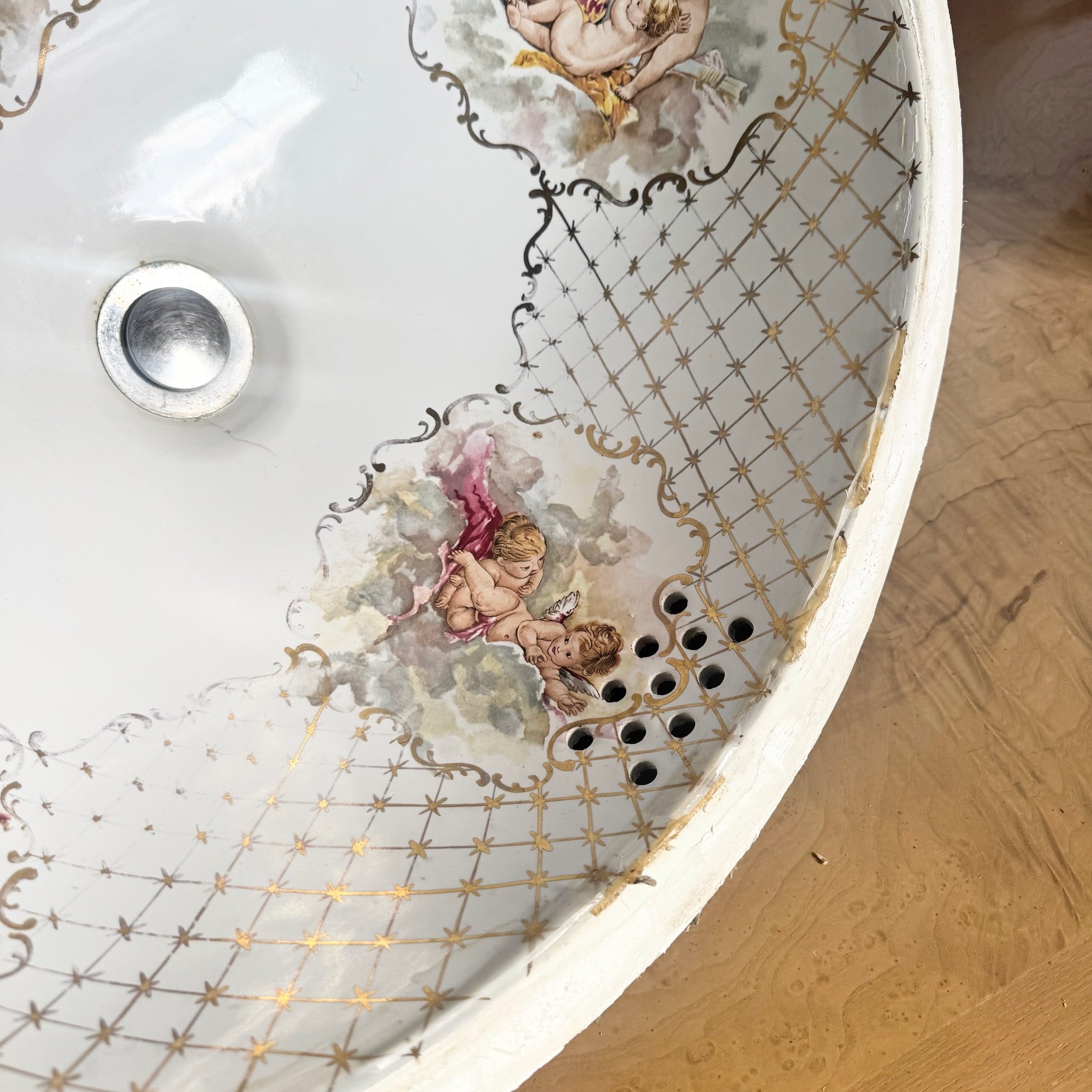 Vintage Italian Oval Hand Painted Cherub Sink by Cesame