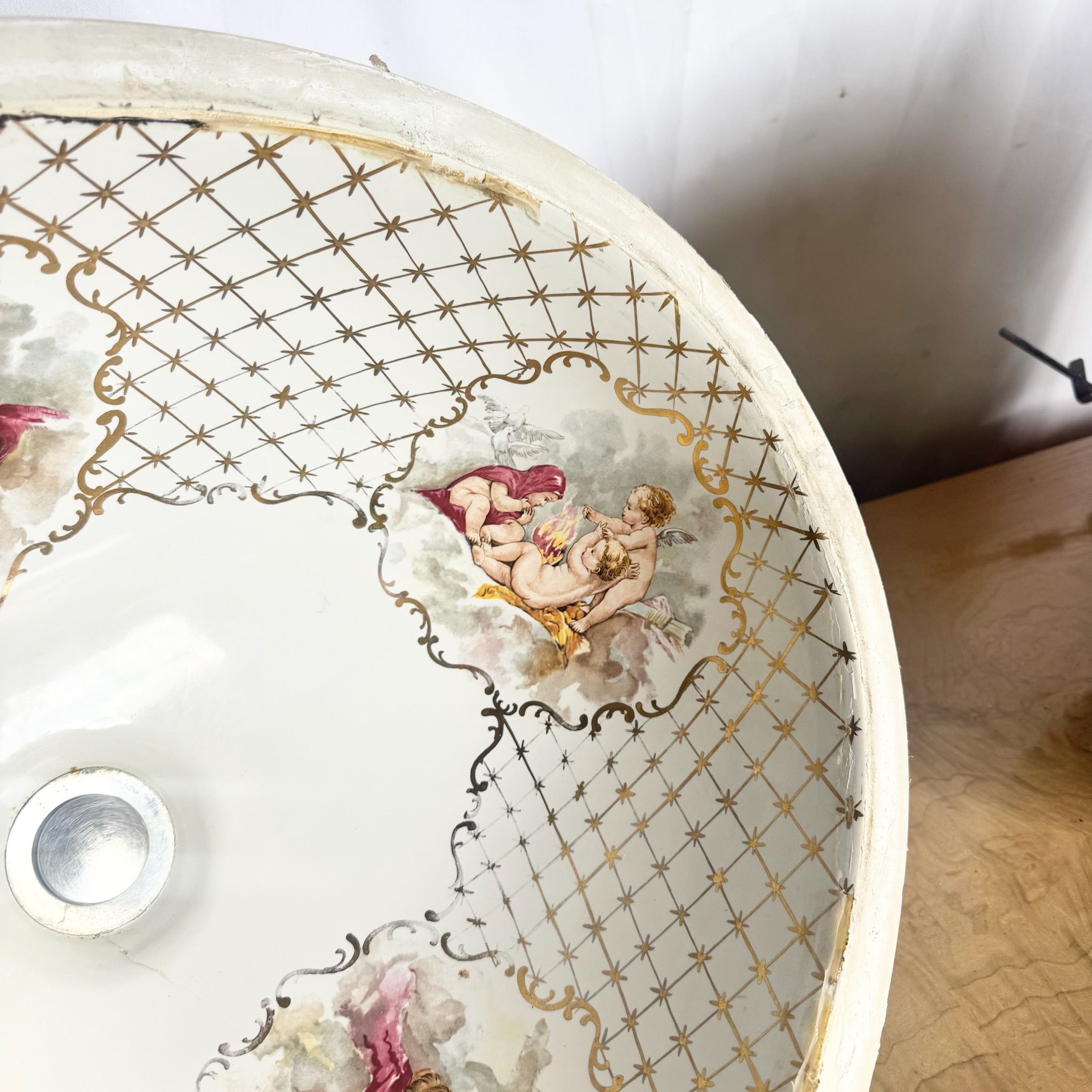 Vintage Italian Oval Hand Painted Cherub Sink by Cesame