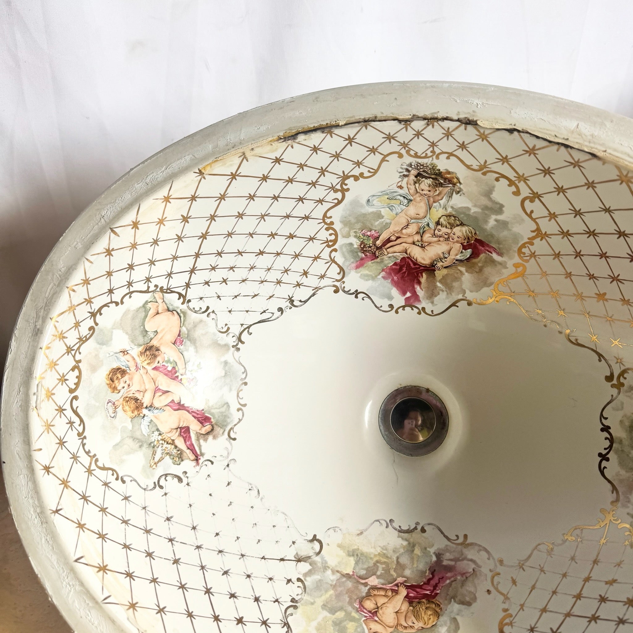 Vintage Italian Oval Hand Painted Cherub Sink by Cesame