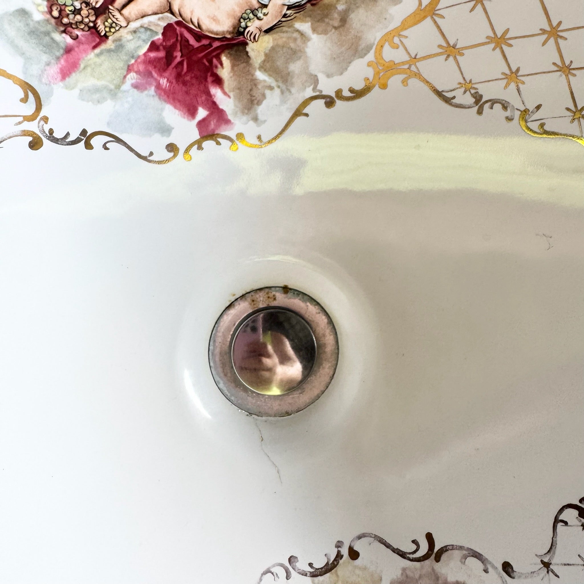 Vintage Italian Oval Hand Painted Cherub Sink by Cesame