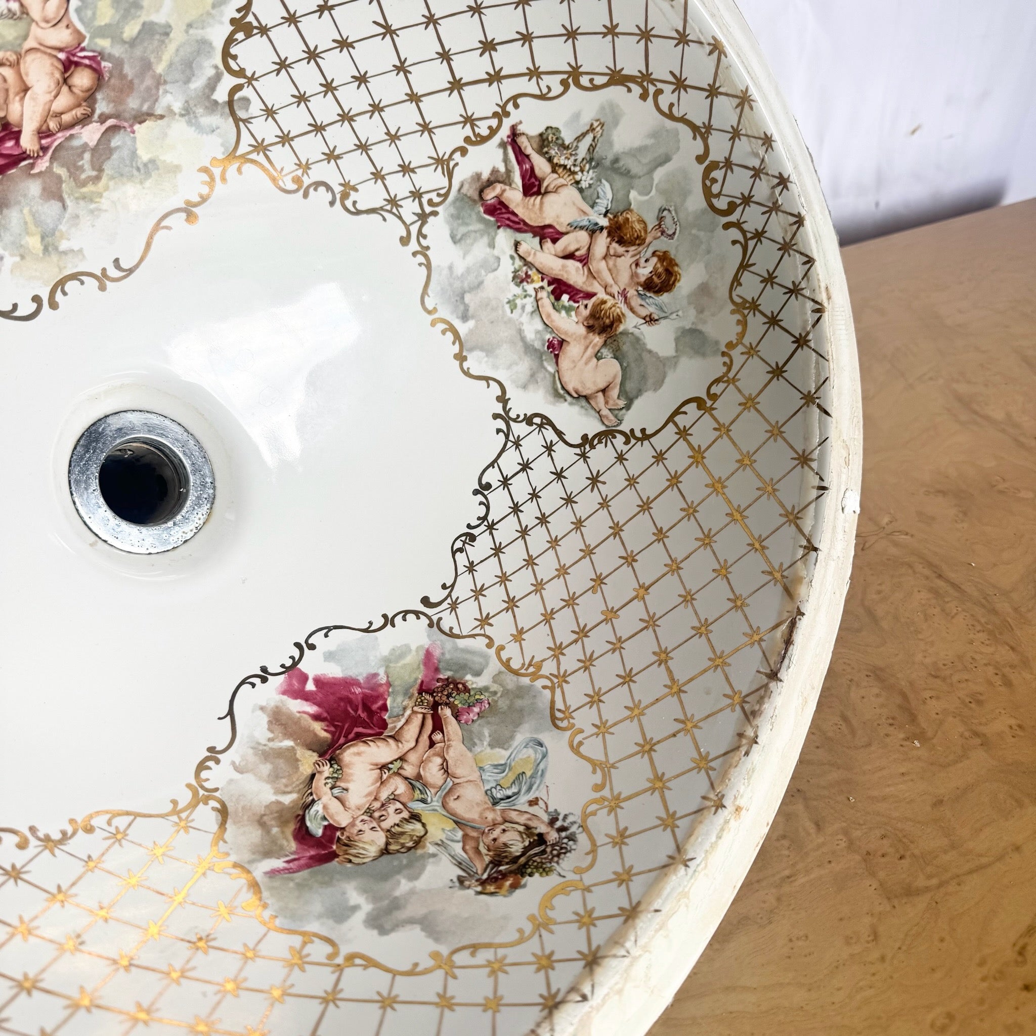 Vintage Italian Oval Hand Painted Cherub Sink by Cesame