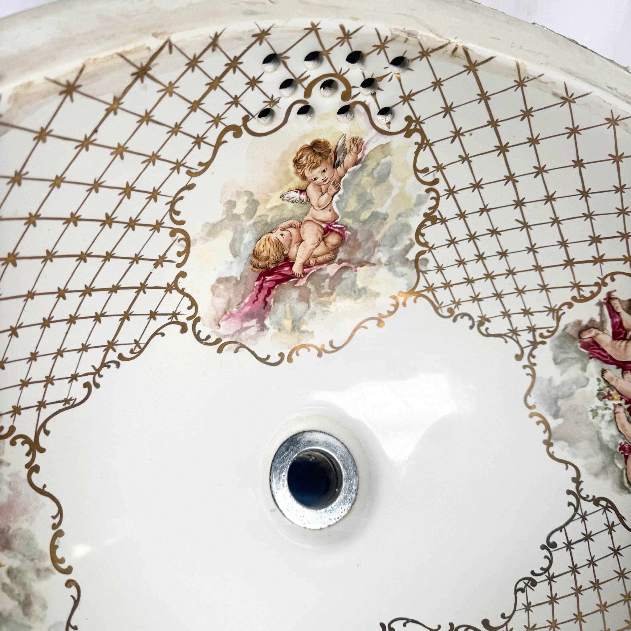 Vintage Italian Oval Hand Painted Cherub Sink by Cesame