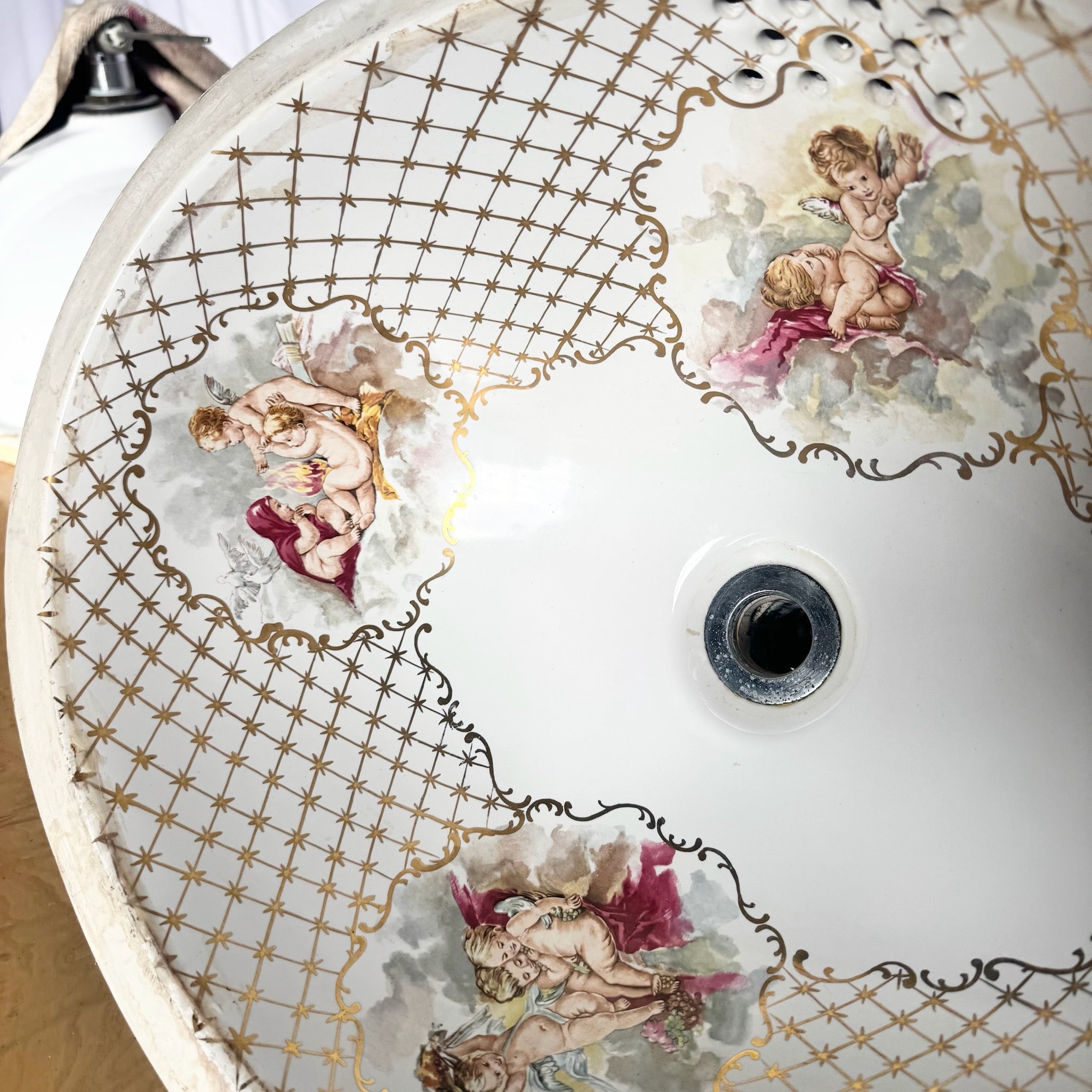Vintage Italian Oval Hand Painted Cherub Sink by Cesame