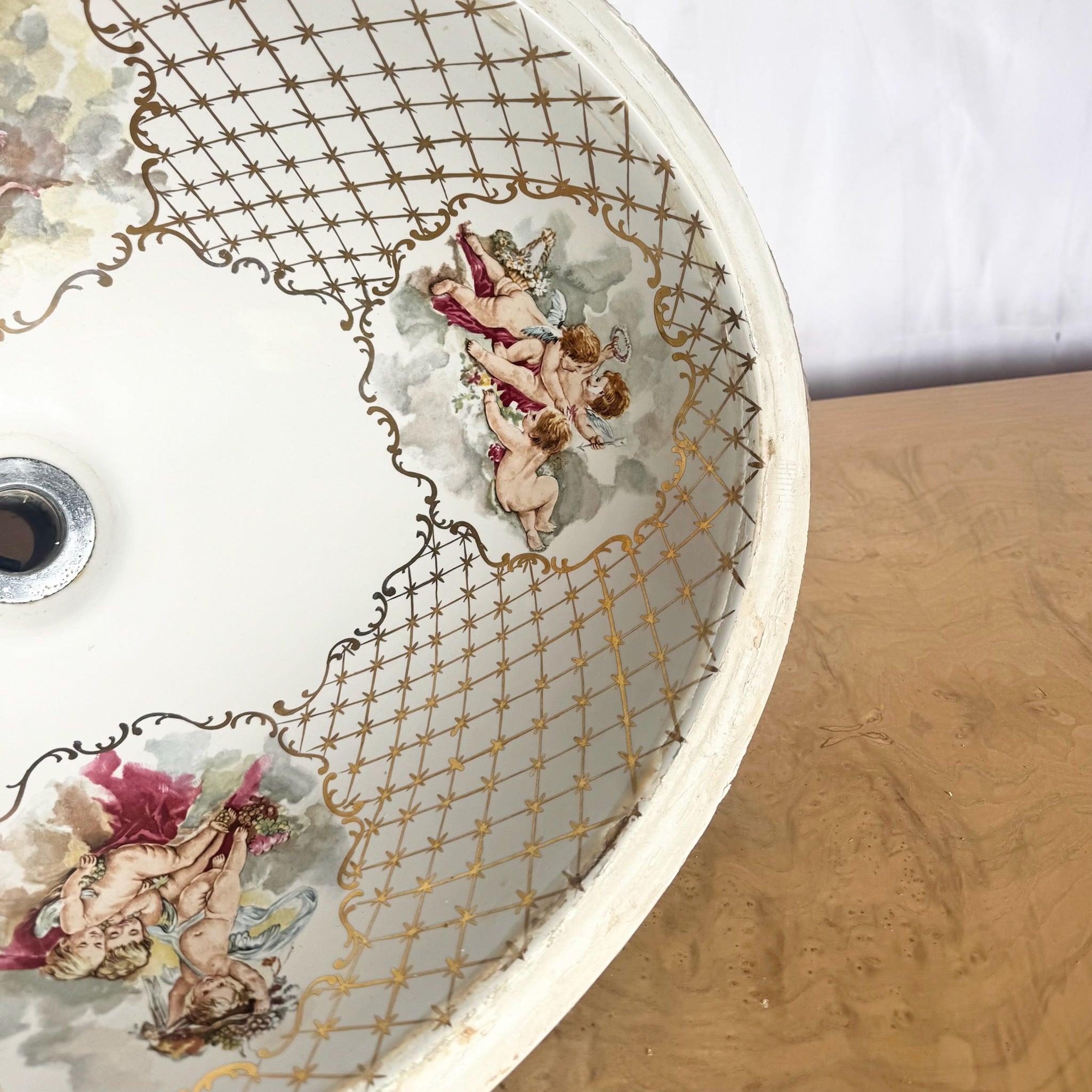 Vintage Italian Oval Hand Painted Cherub Sink by Cesame