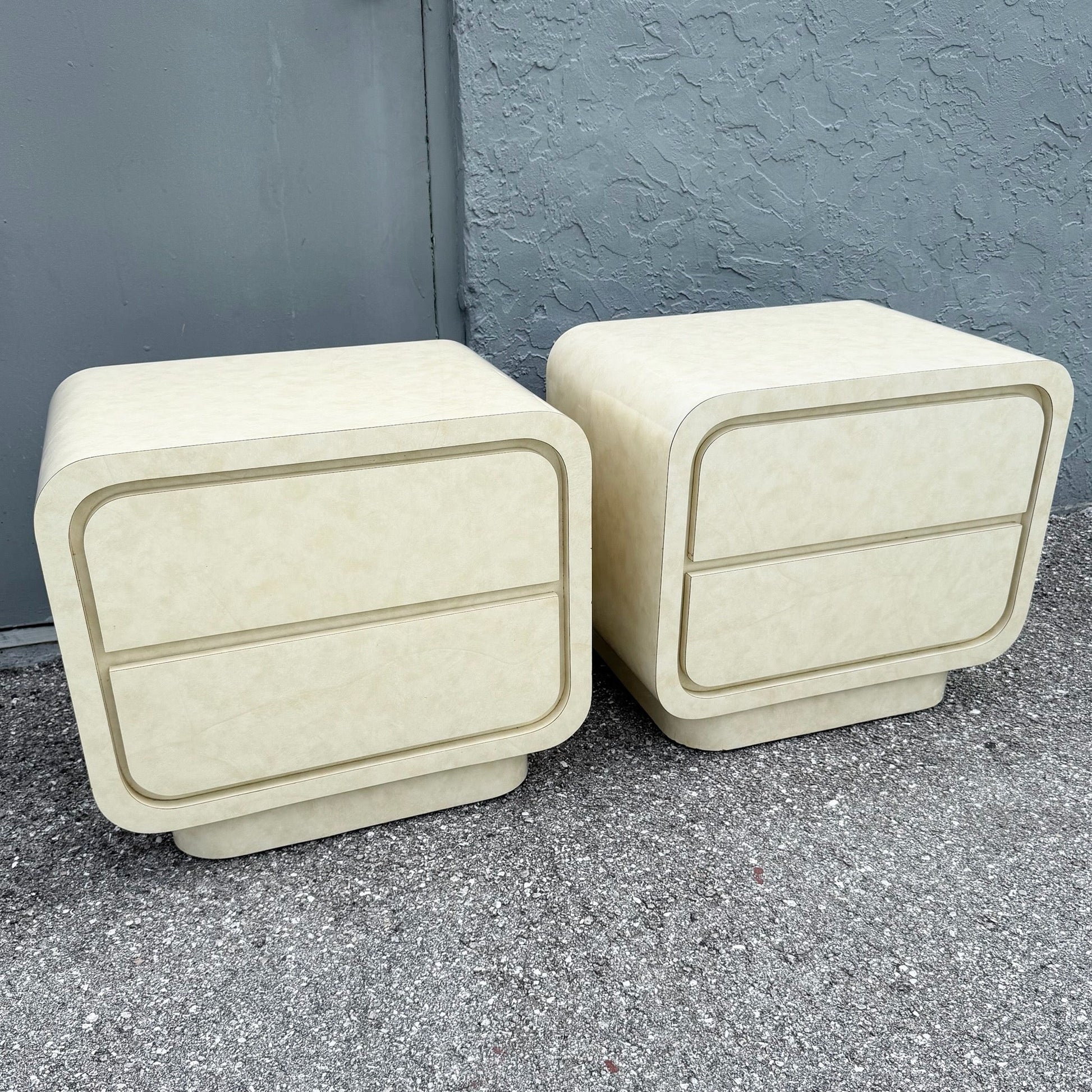 Postmodern Faux Goat Skin Laminate Waterfall Nightstands - A Pair Dolphin & Flamingo
