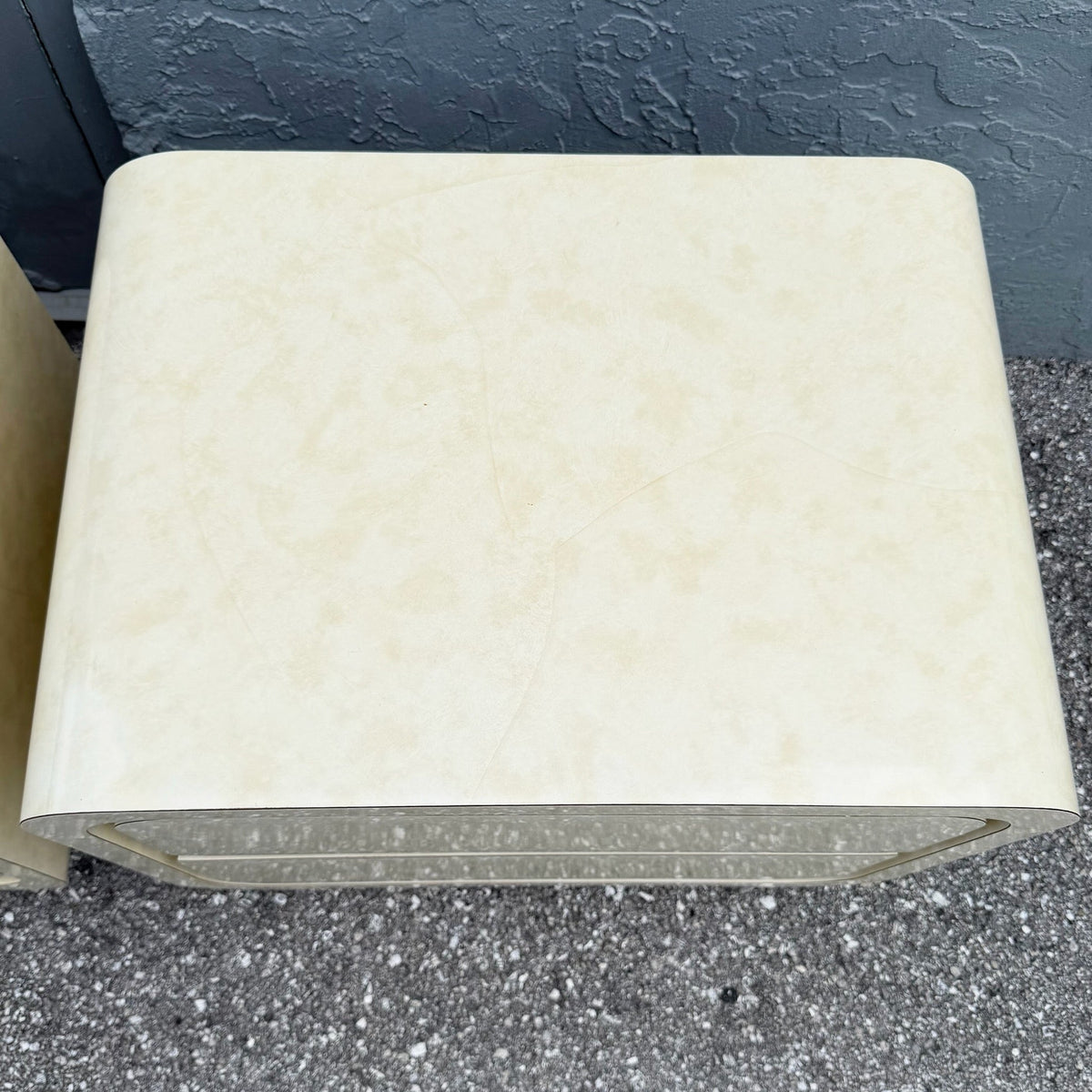 Postmodern Faux Goat Skin Laminate Waterfall Nightstands - A Pair Dolphin & Flamingo