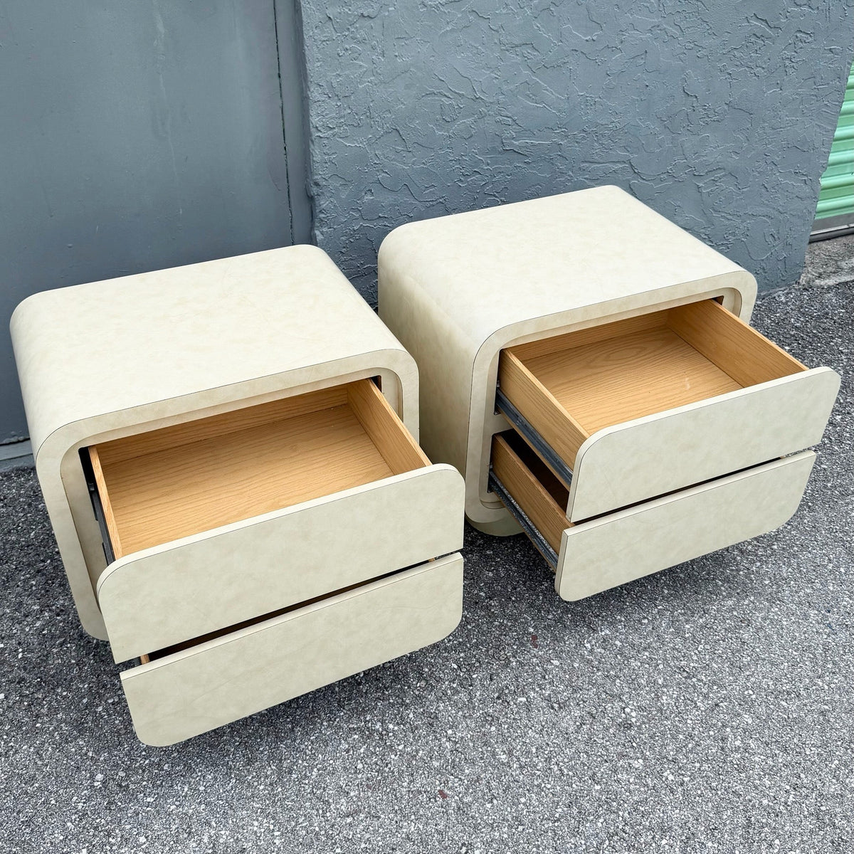 Postmodern Faux Goat Skin Laminate Waterfall Nightstands - A Pair Dolphin & Flamingo