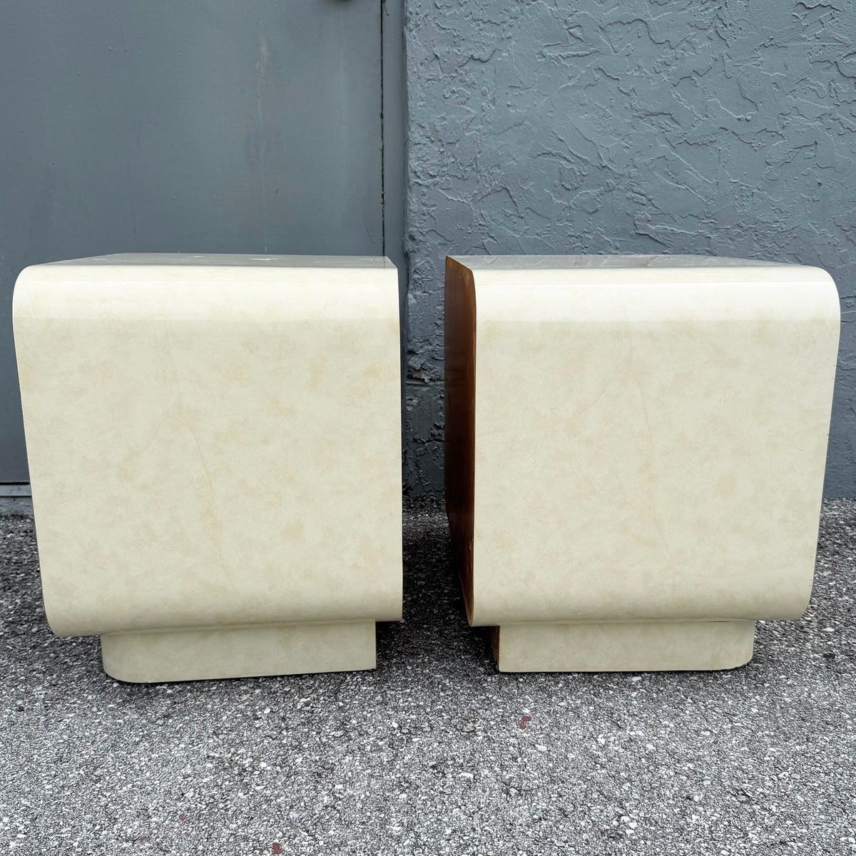 Postmodern Faux Goat Skin Laminate Waterfall Nightstands - A Pair Dolphin & Flamingo
