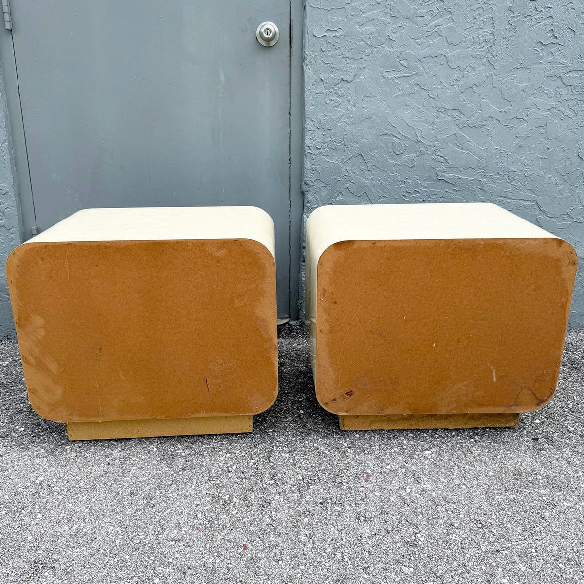 Postmodern Faux Goat Skin Laminate Waterfall Nightstands - A Pair Dolphin & Flamingo