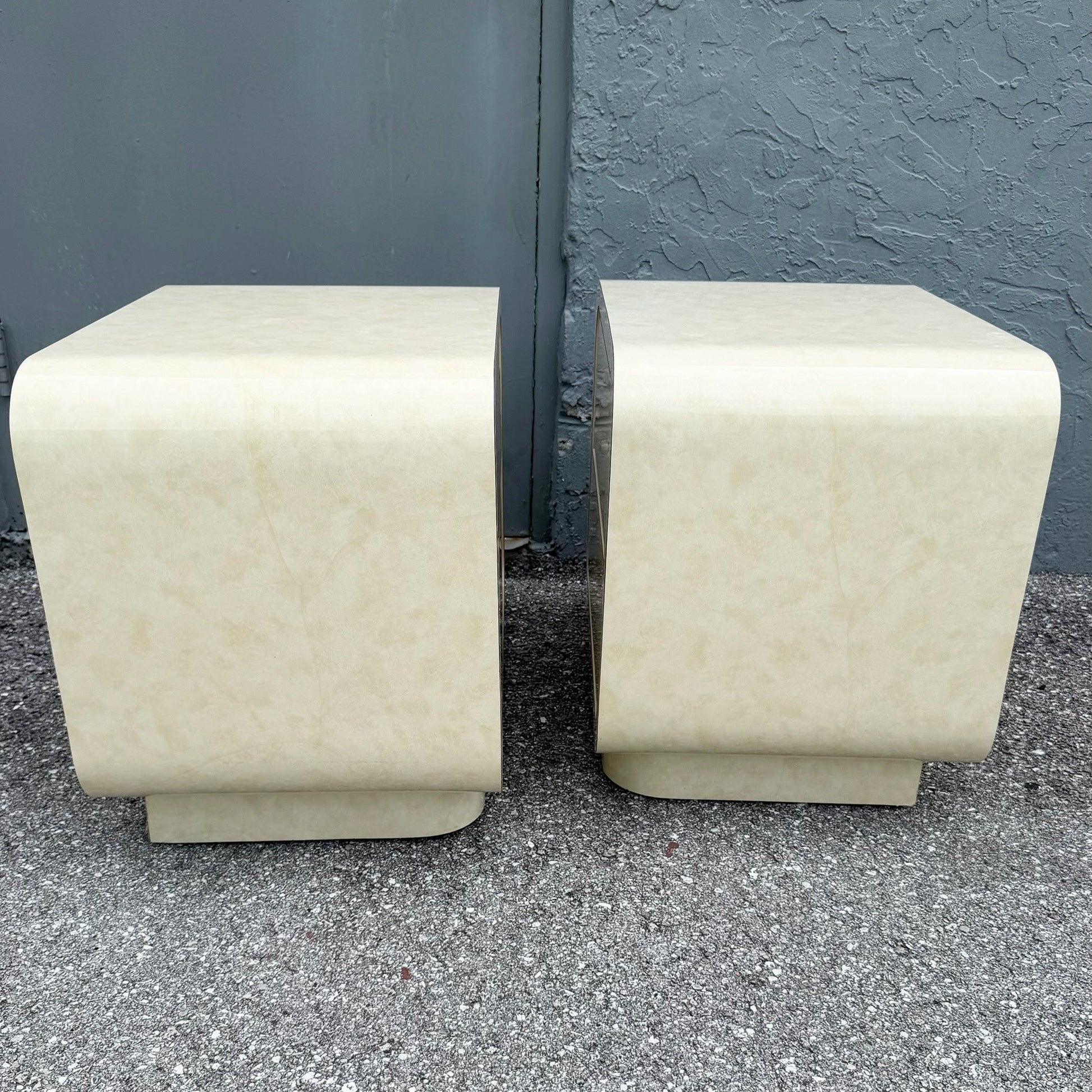 Postmodern Faux Goat Skin Laminate Waterfall Nightstands - A Pair Dolphin & Flamingo
