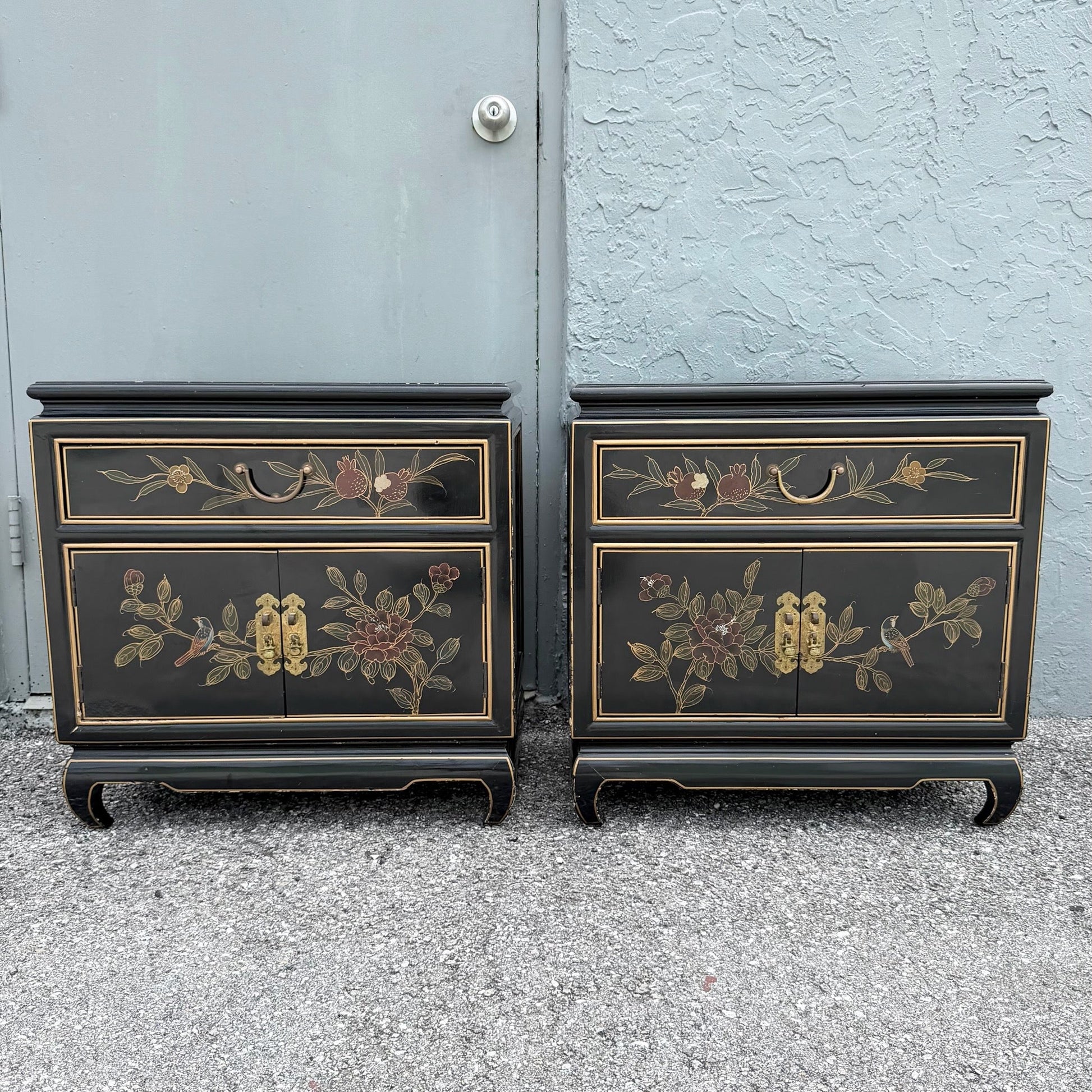 Vintage Cantonese Black Lacquered Hand Painted Nightstands - A Pair Dolphin & Flamingo