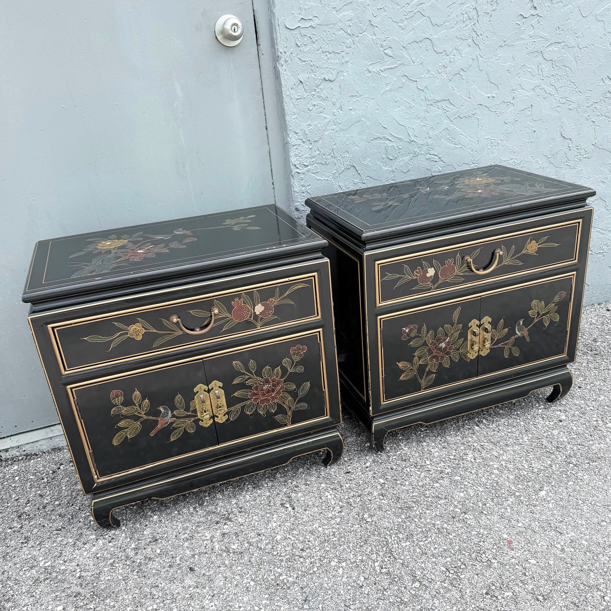 Vintage Cantonese Black Lacquered Hand Painted Nightstands - A Pair Dolphin & Flamingo