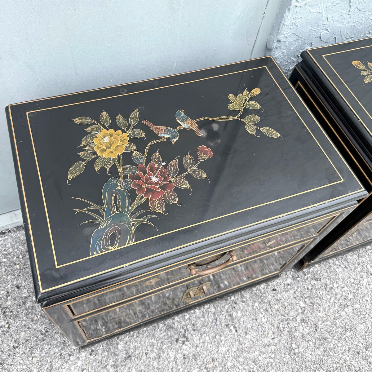 Vintage Cantonese Black Lacquered Hand Painted Nightstands - A Pair Dolphin & Flamingo