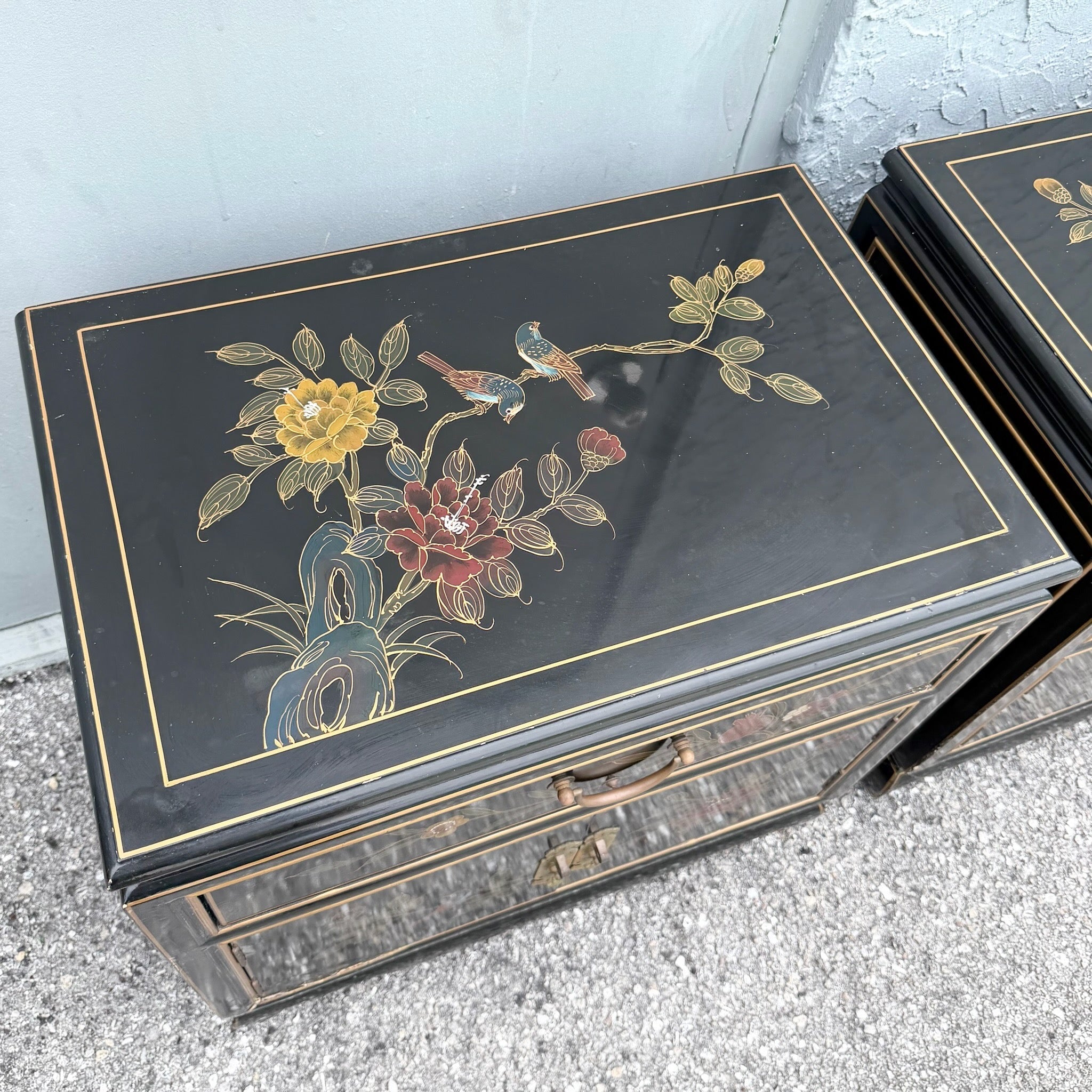 Vintage Cantonese Black Lacquered Hand Painted Nightstands - A Pair Dolphin & Flamingo