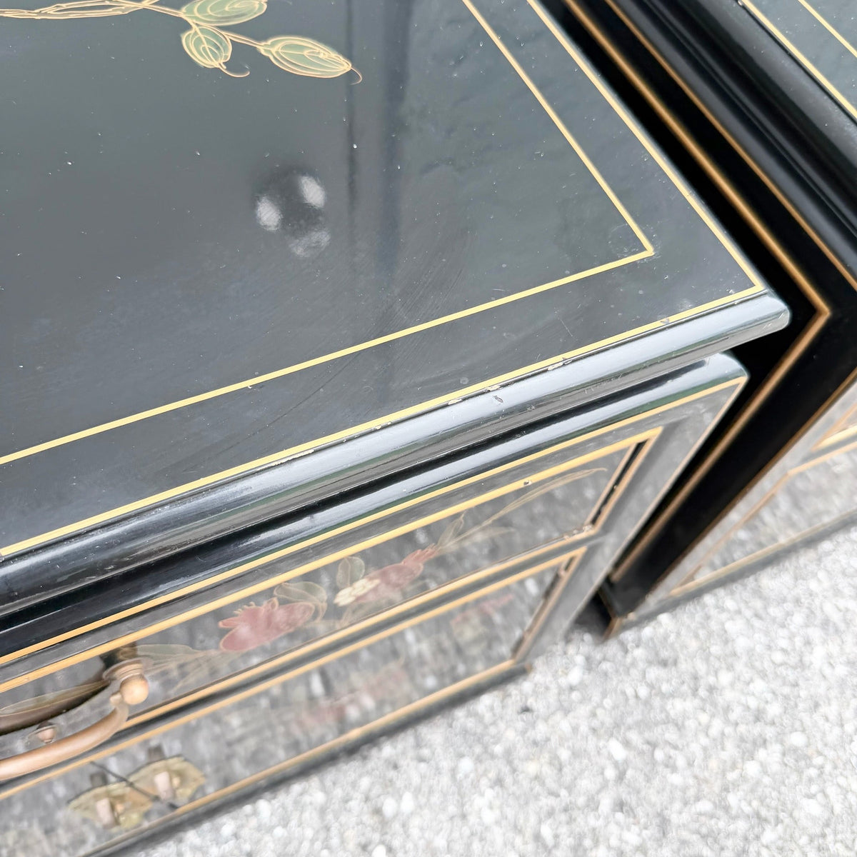 Vintage Cantonese Black Lacquered Hand Painted Nightstands - A Pair Dolphin & Flamingo