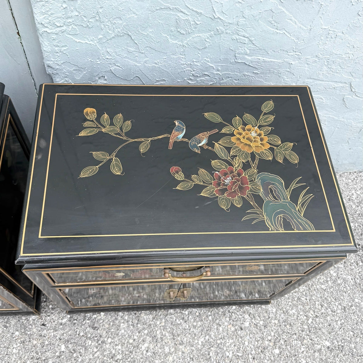 Vintage Cantonese Black Lacquered Hand Painted Nightstands - A Pair Dolphin & Flamingo