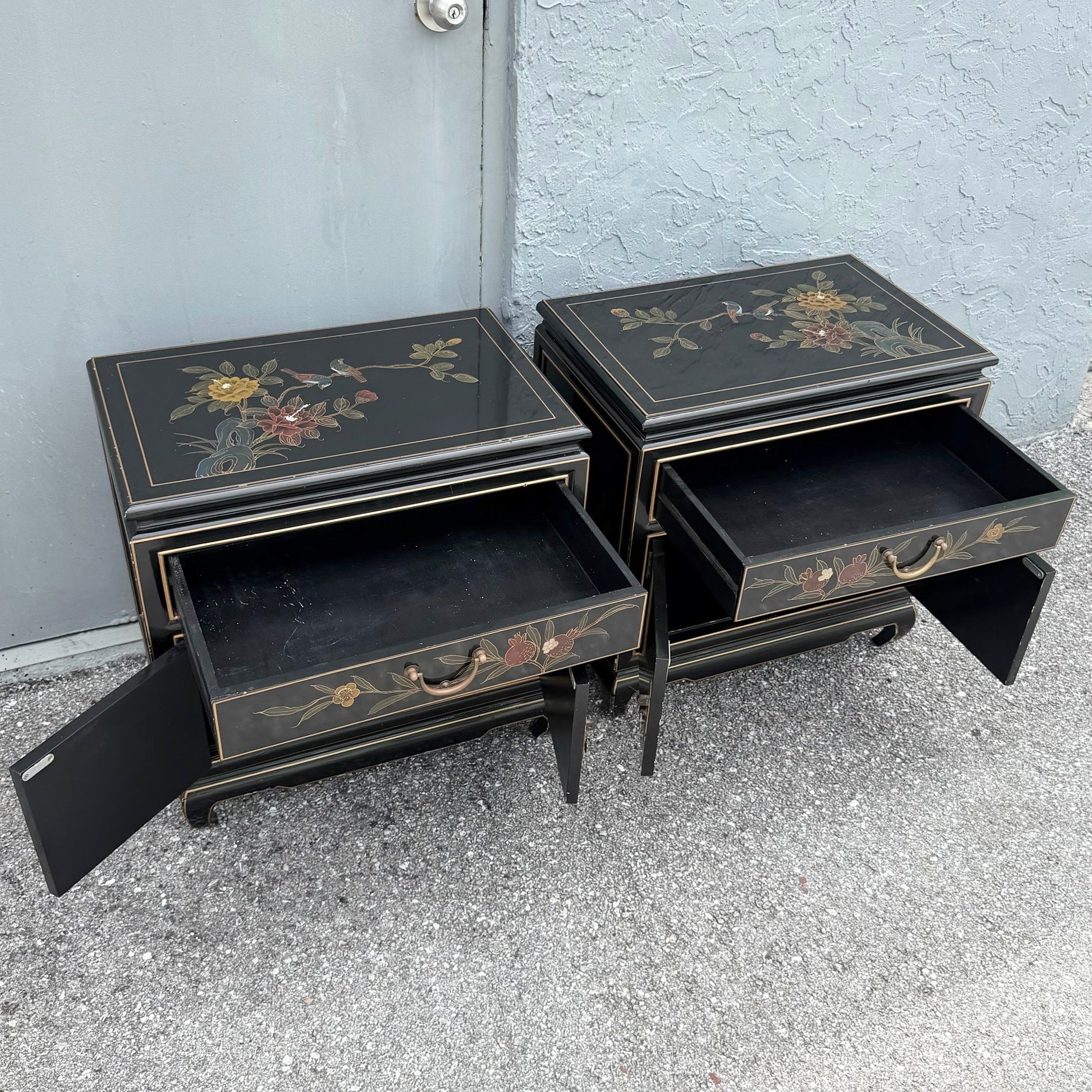 Vintage Cantonese Black Lacquered Hand Painted Nightstands - A Pair Dolphin & Flamingo