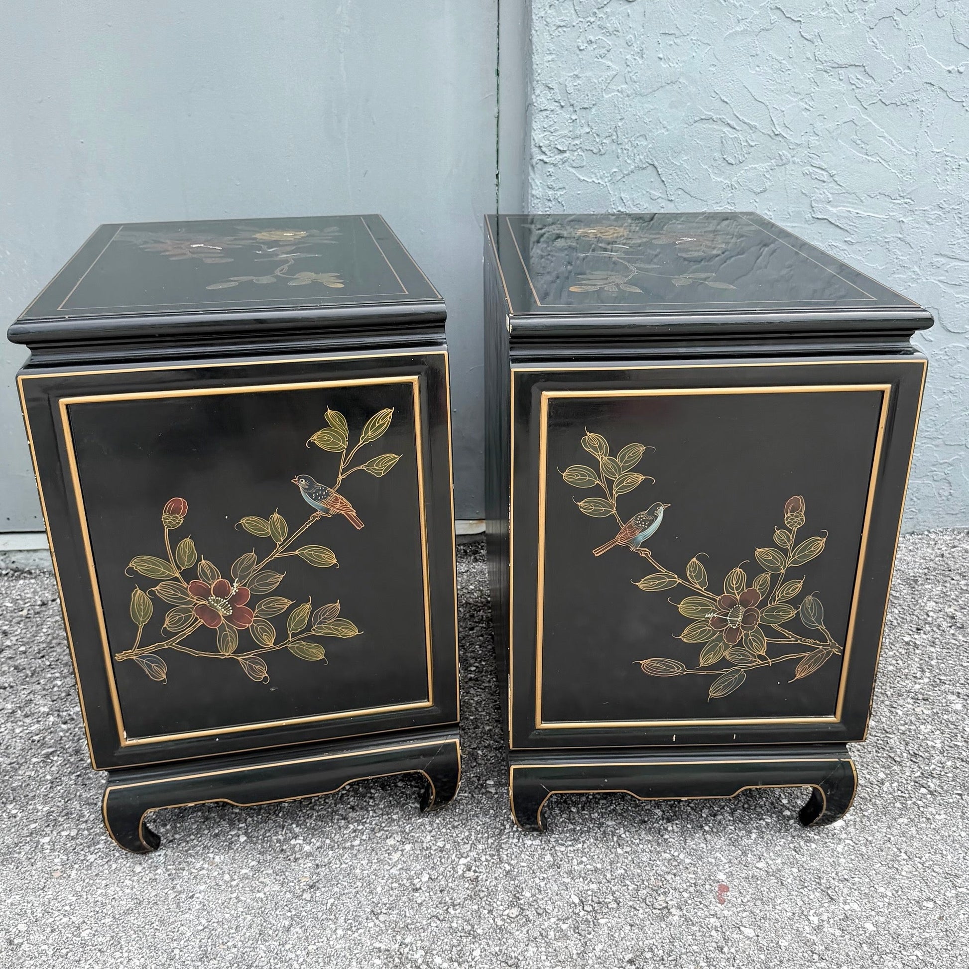 Vintage Cantonese Black Lacquered Hand Painted Nightstands - A Pair Dolphin & Flamingo