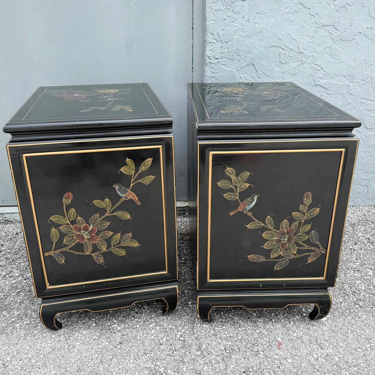 Vintage Cantonese Black Lacquered Hand Painted Nightstands - A Pair Dolphin & Flamingo