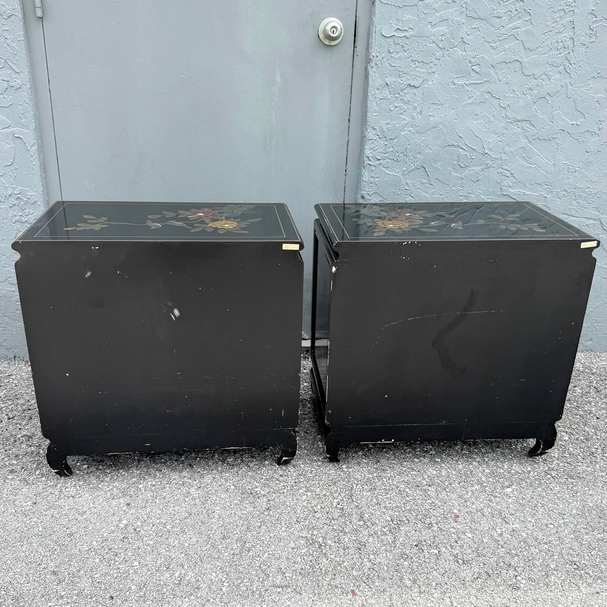 Vintage Cantonese Black Lacquered Hand Painted Nightstands - A Pair Dolphin & Flamingo
