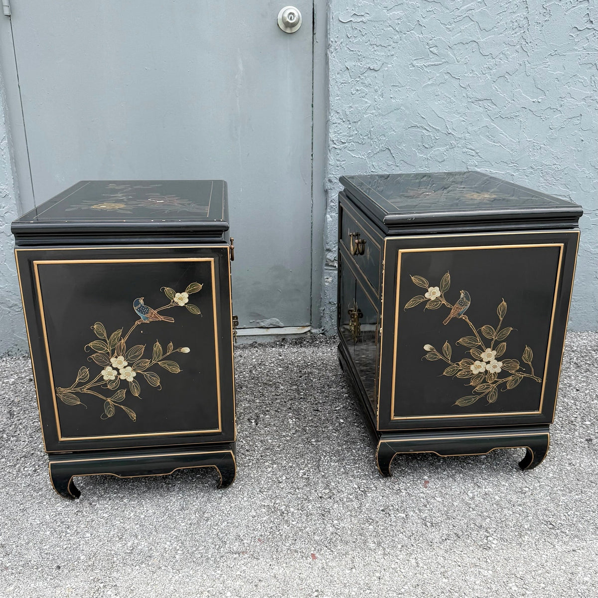 Vintage Cantonese Black Lacquered Hand Painted Nightstands - A Pair Dolphin & Flamingo