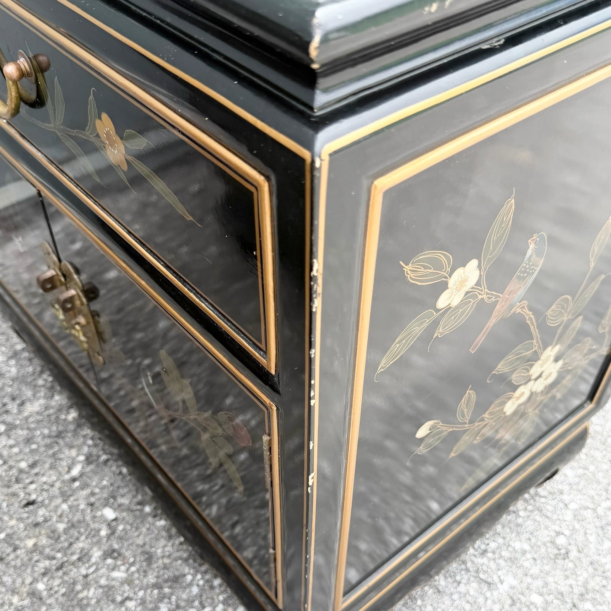 Vintage Cantonese Black Lacquered Hand Painted Nightstands - A Pair Dolphin & Flamingo