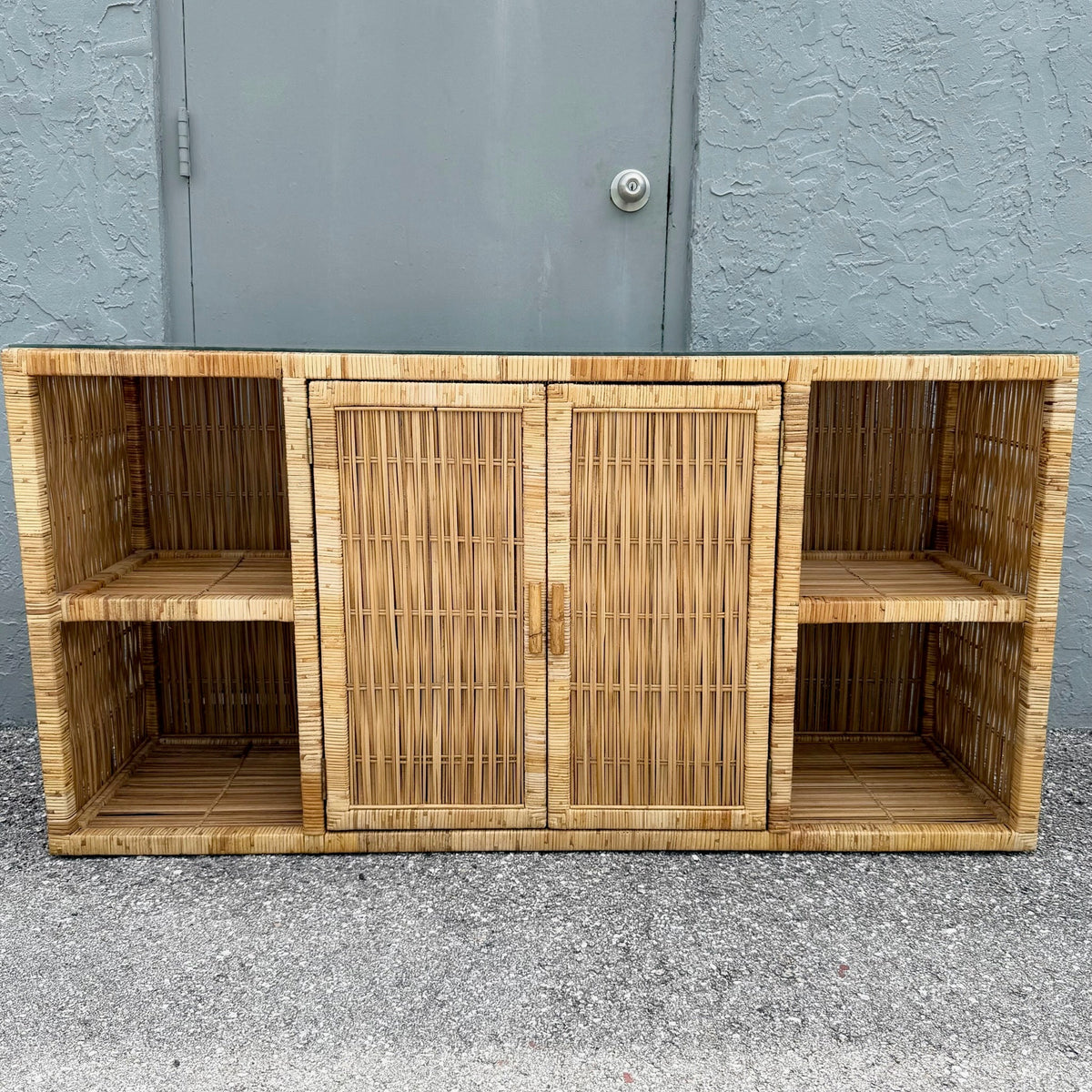 Boho Chic Wicker Wrapped Credenza With Glass Top Dolphin & Flamingo