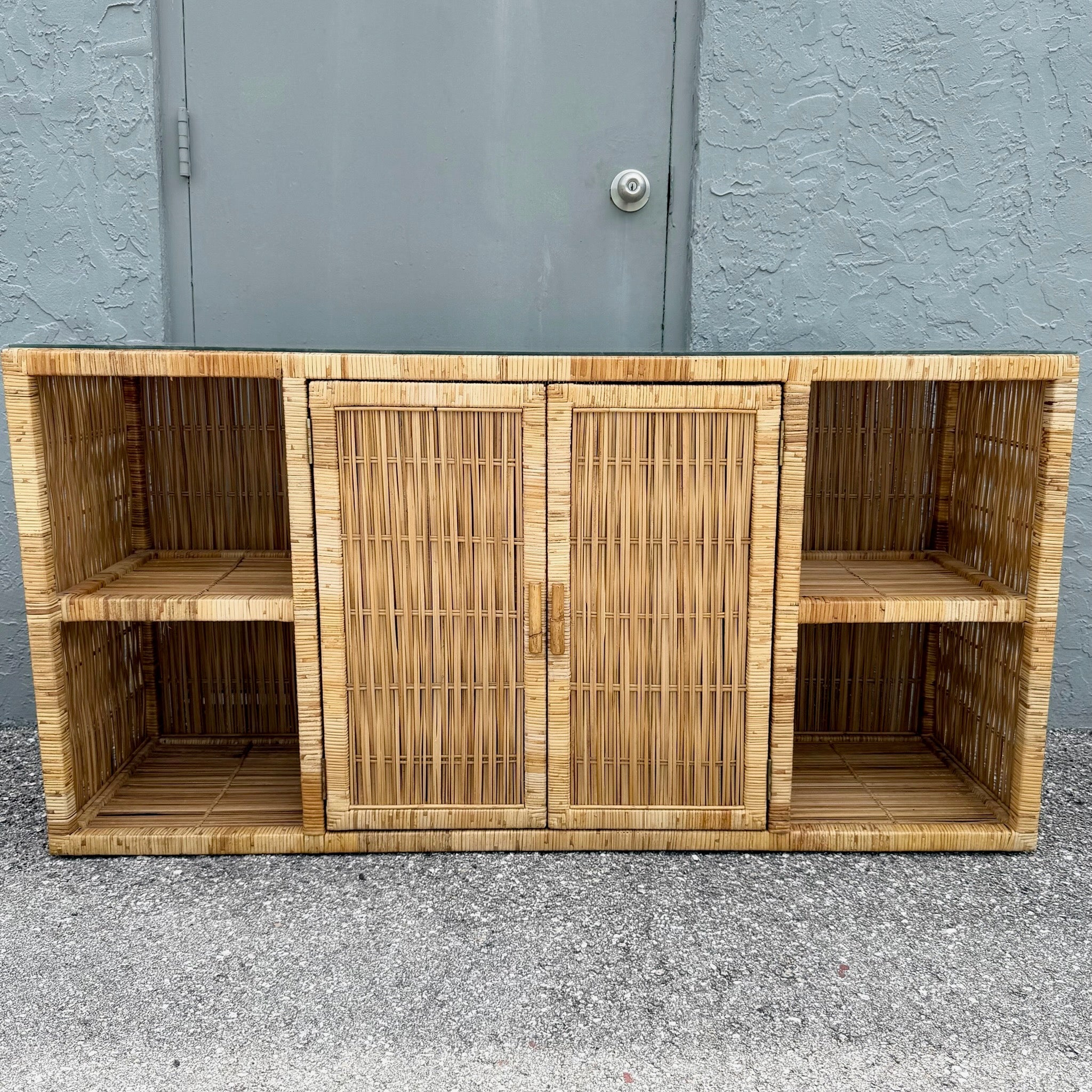Boho Chic Wicker Wrapped Credenza With Glass Top Dolphin & Flamingo