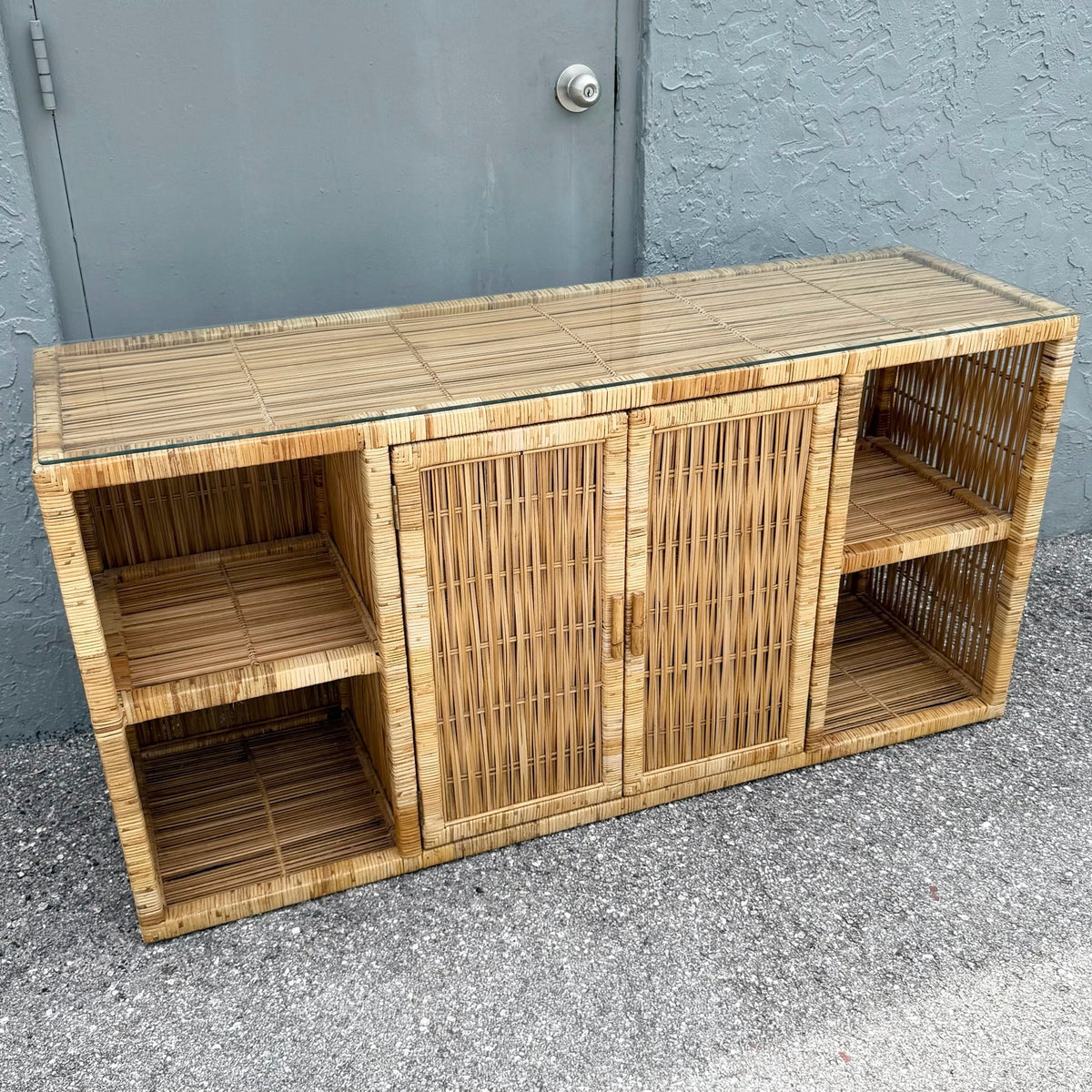 Boho Chic Wicker Wrapped Credenza With Glass Top Dolphin & Flamingo