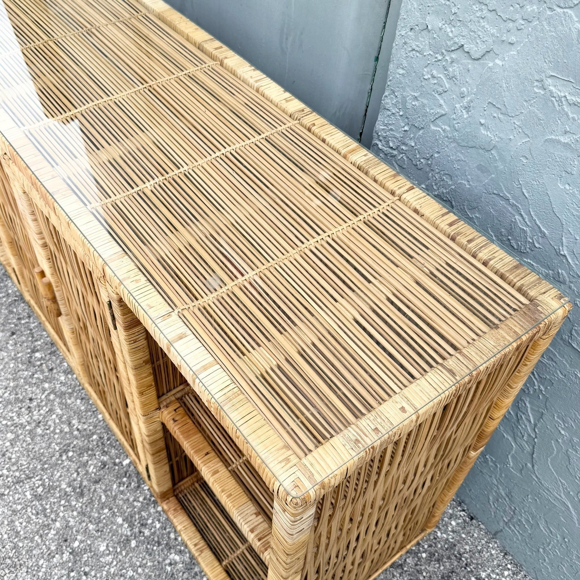 Boho Chic Wicker Wrapped Credenza With Glass Top Dolphin & Flamingo