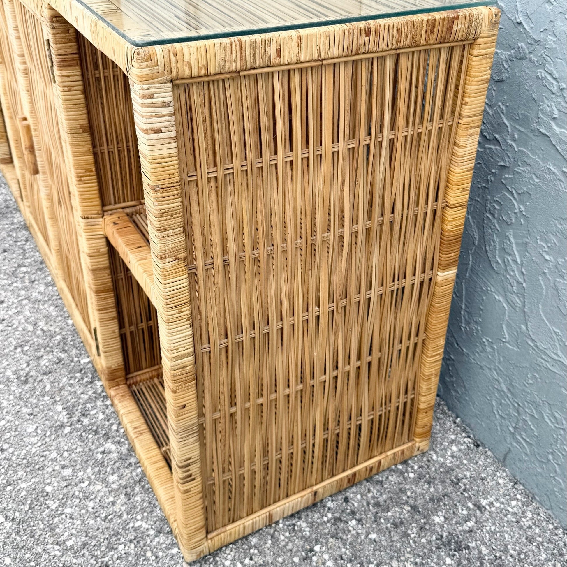 Boho Chic Wicker Wrapped Credenza With Glass Top Dolphin & Flamingo