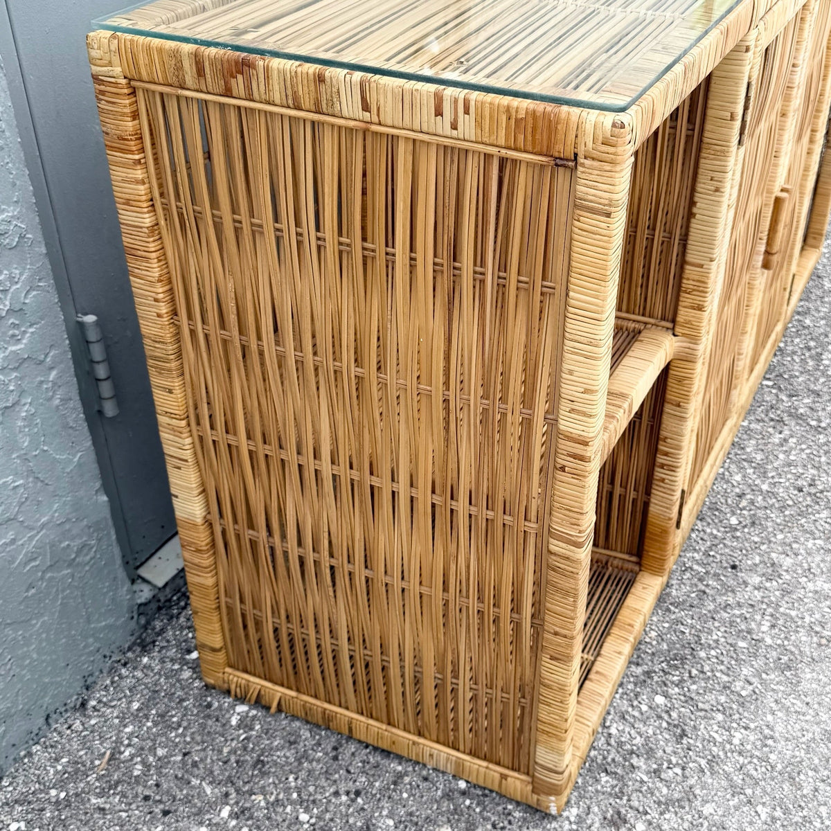 Boho Chic Wicker Wrapped Credenza With Glass Top Dolphin & Flamingo