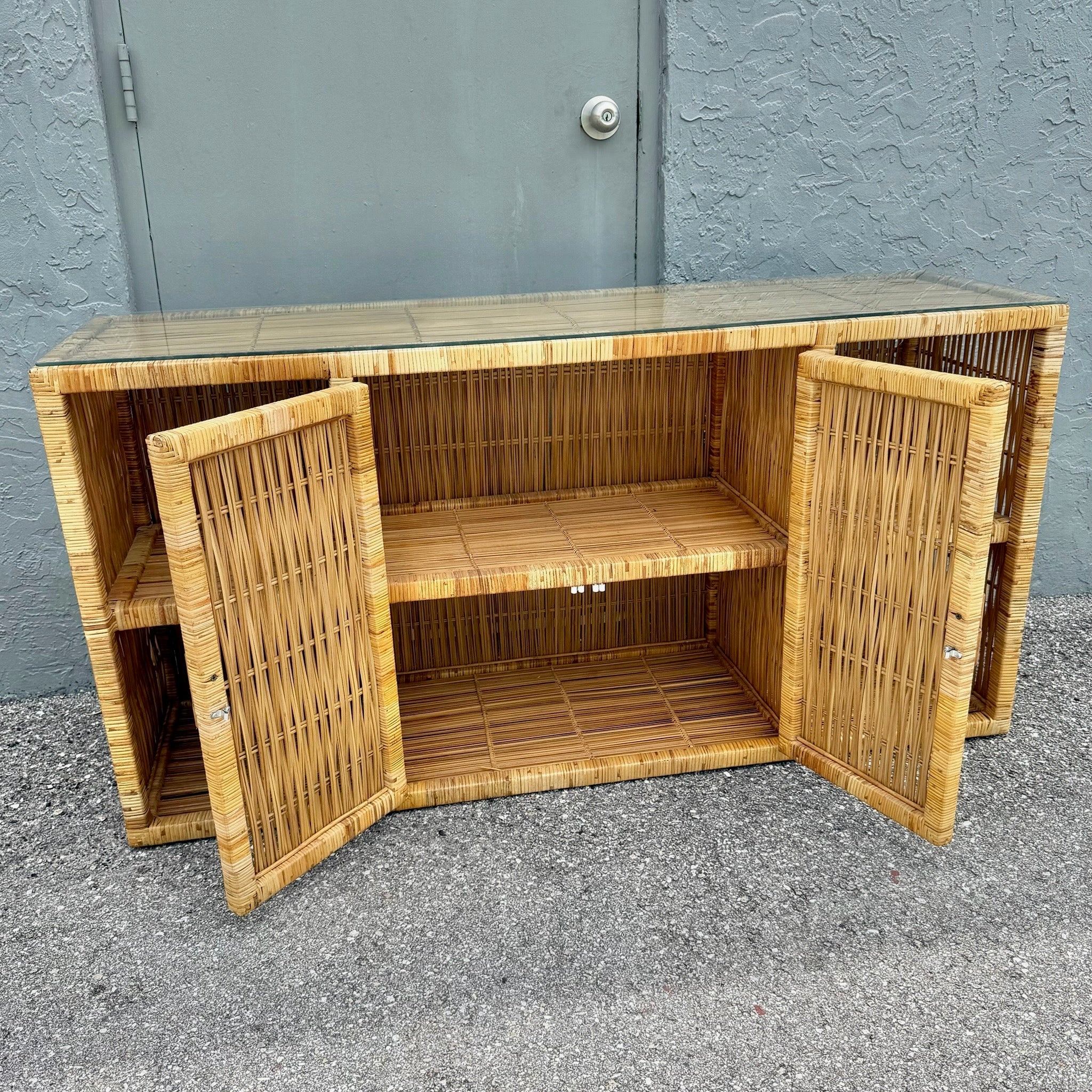 Boho Chic Wicker Wrapped Credenza With Glass Top Dolphin & Flamingo