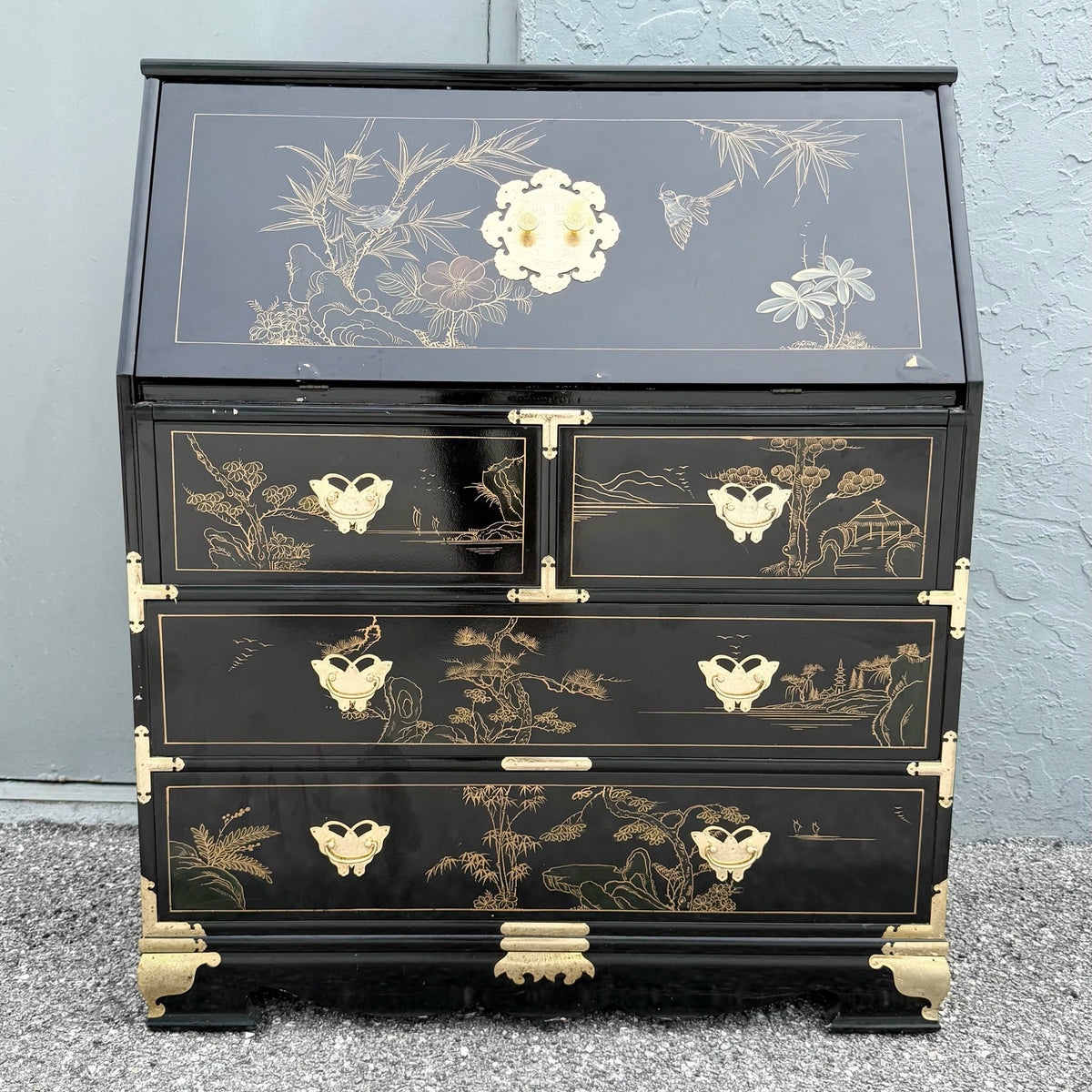 Chinese Black Lacquered and Hand-Painted Secretary Desk Dolphin & Flamingo