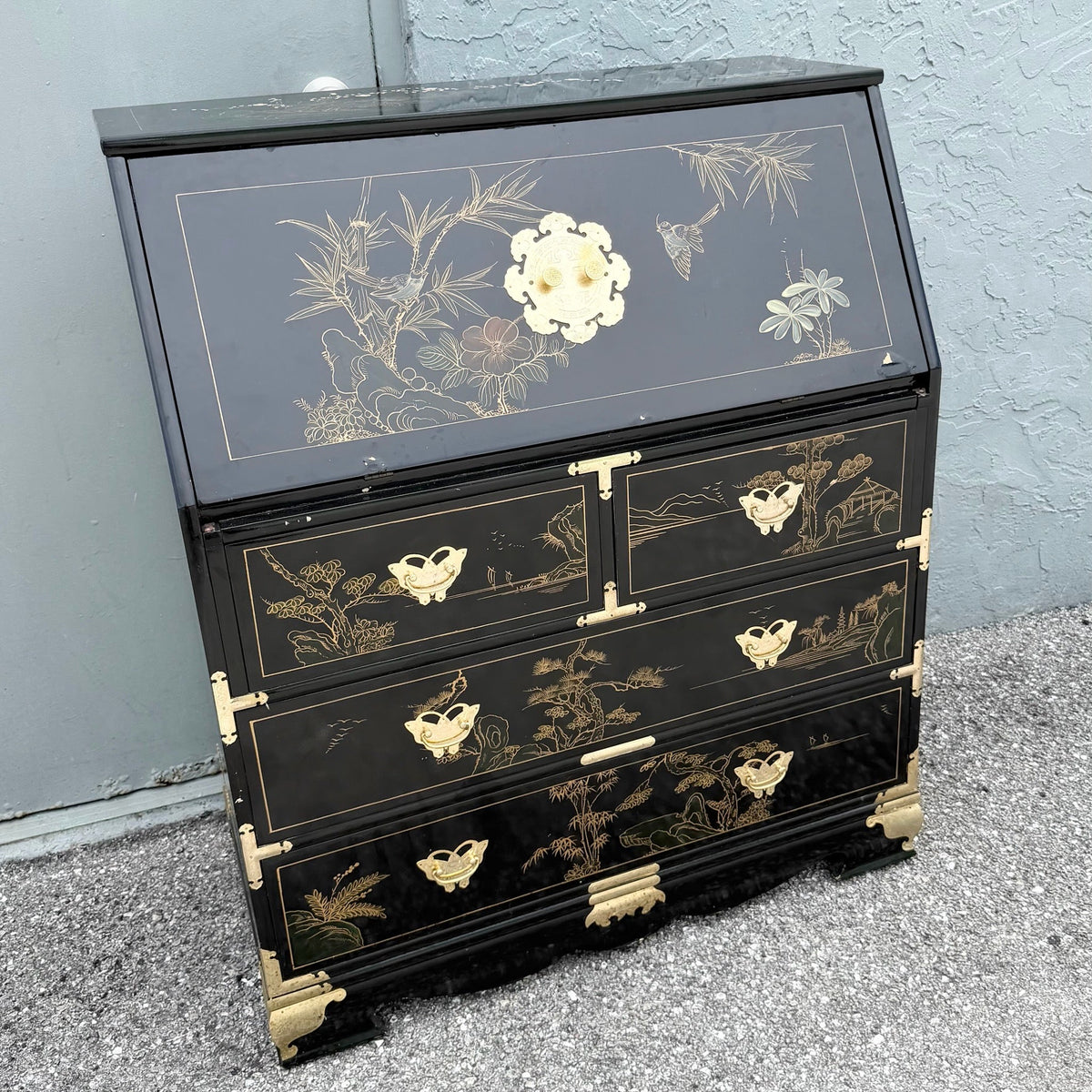 Chinese Black Lacquered and Hand-Painted Secretary Desk Dolphin & Flamingo