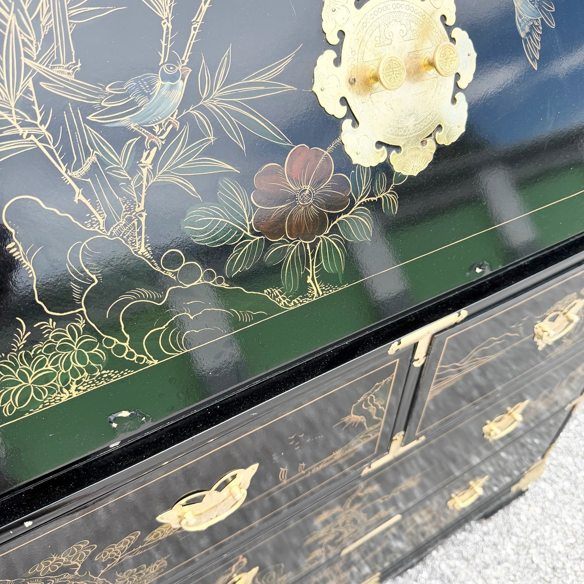 Chinese Black Lacquered and Hand-Painted Secretary Desk Dolphin & Flamingo