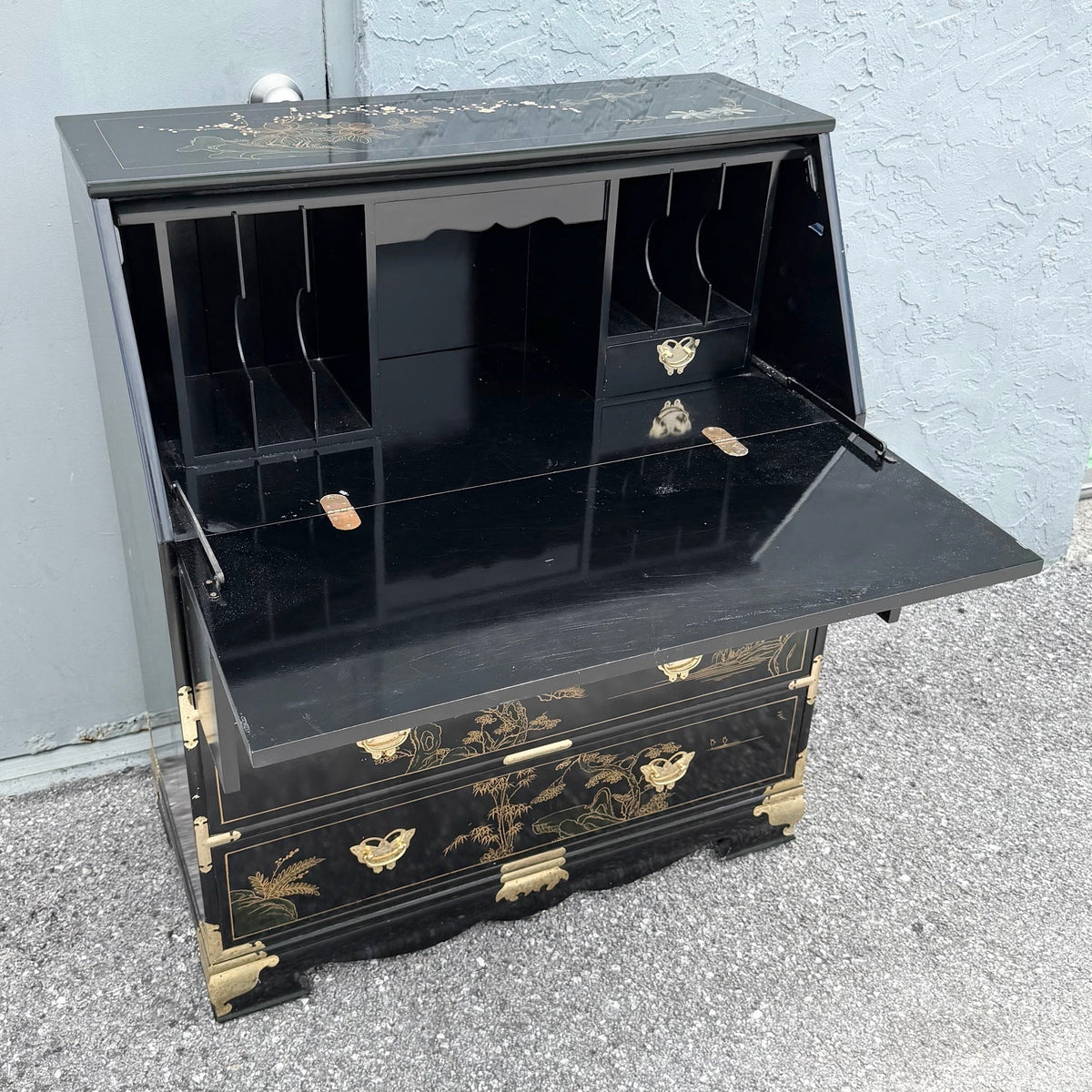Chinese Black Lacquered and Hand-Painted Secretary Desk Dolphin & Flamingo